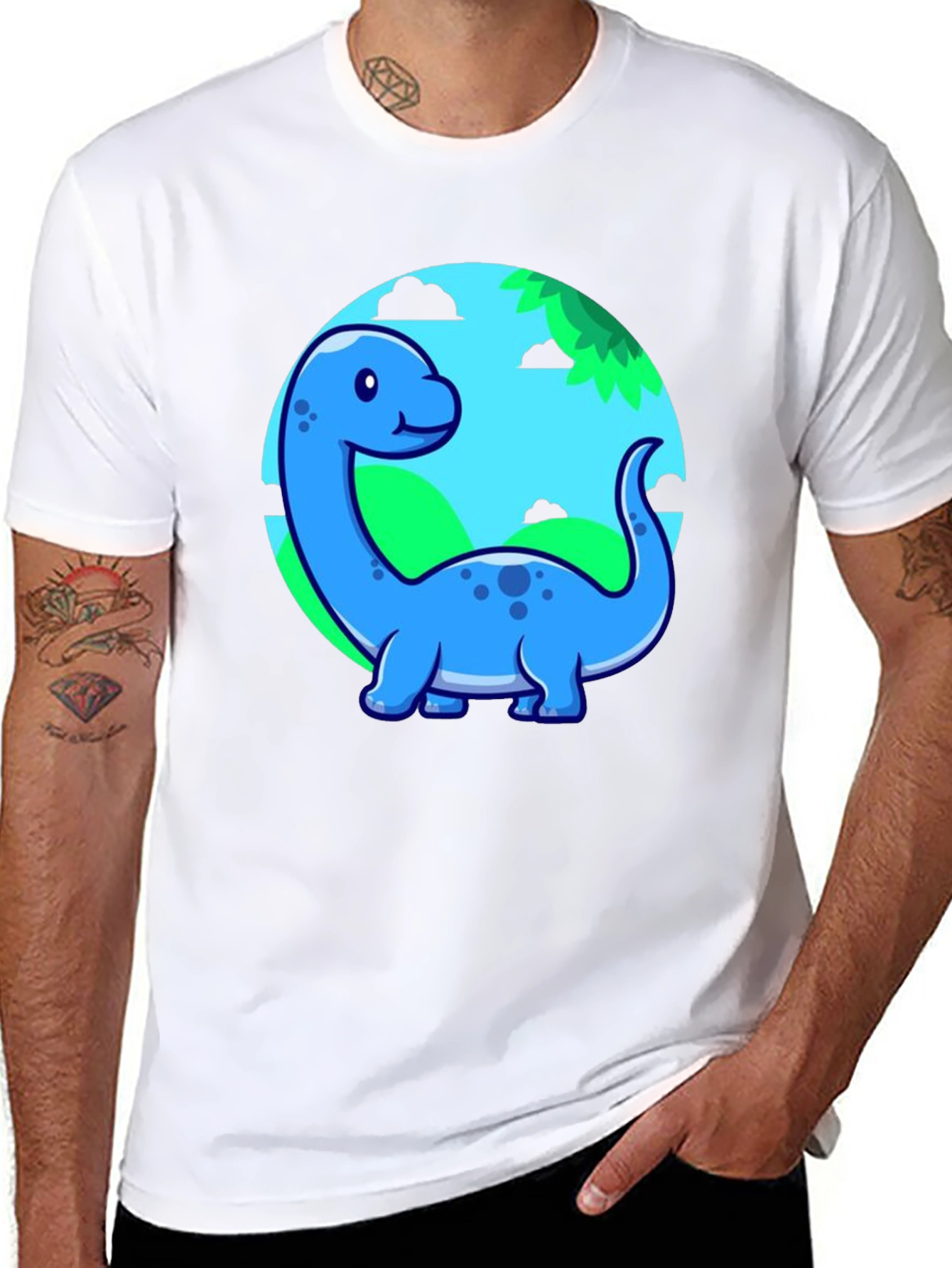 Black Cute Blue Cartoon Dinosaur T-Shirt view 8