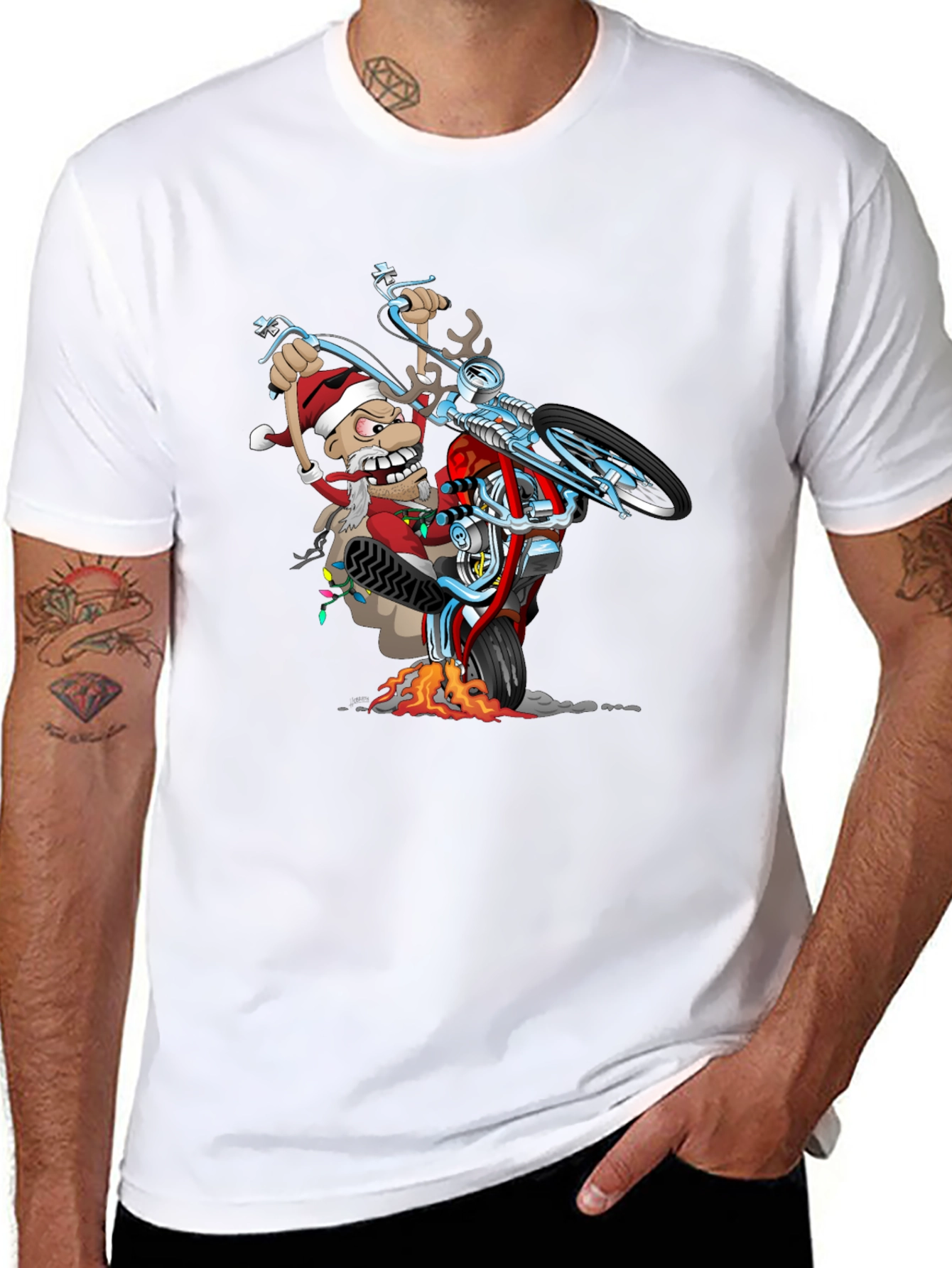 Black Santa Biker T-Shirt - Holiday Motorcycle Wheelie Tee view 8