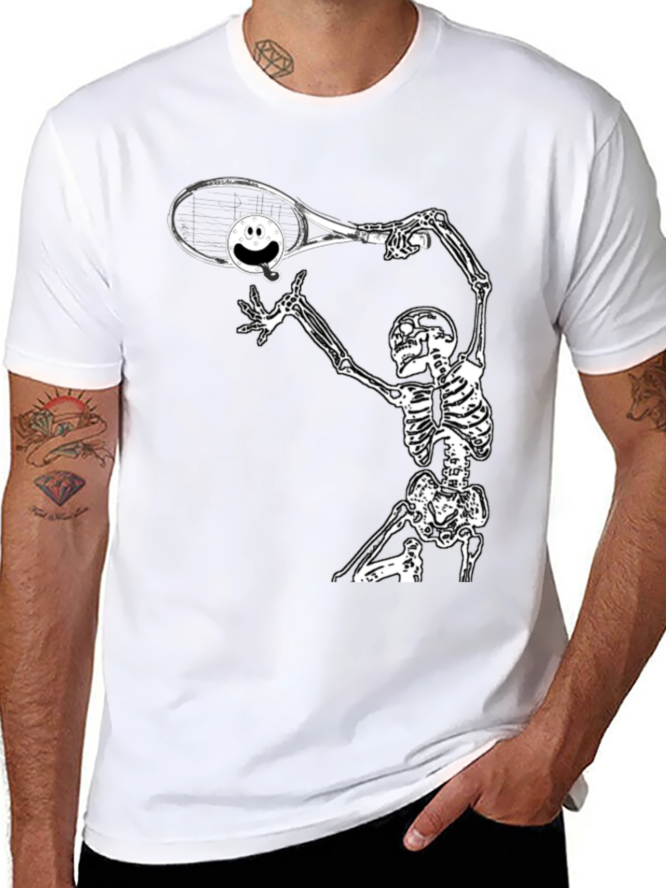 Black Humorous Skeleton Tennis T-Shirt view 8