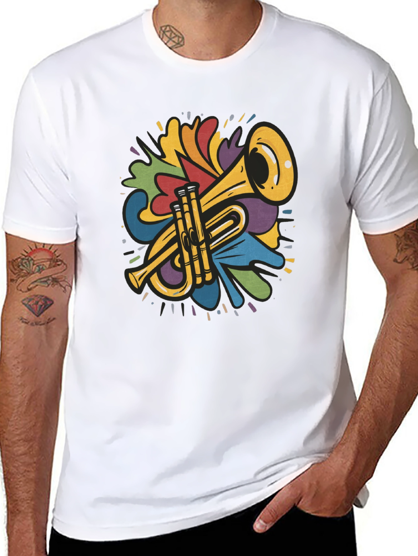 Black Colorful Trumpet Design Black T-Shirt view 8
