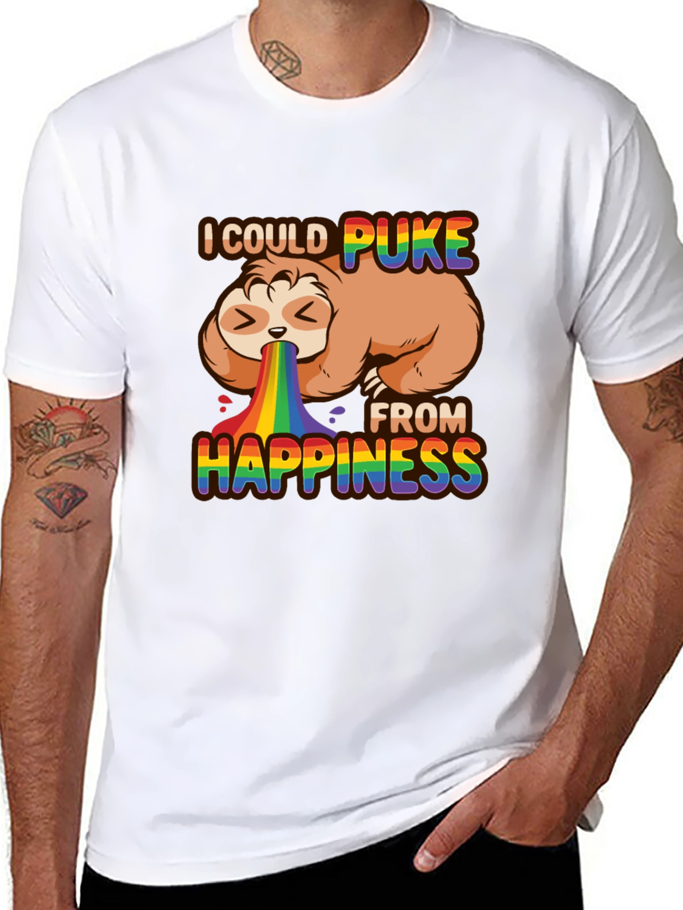 Black Sloth Rainbow Puke Happiness T-Shirt view 8
