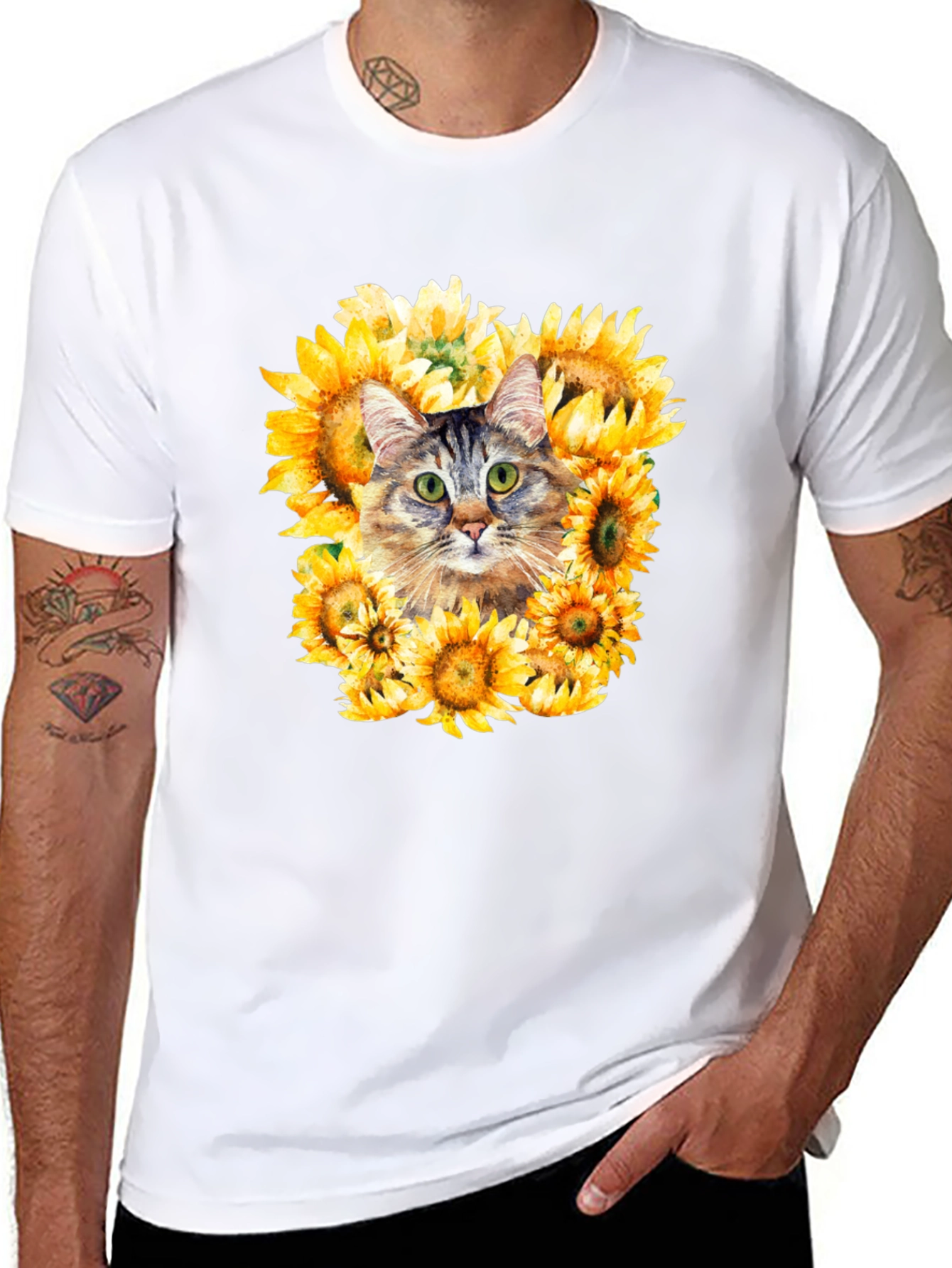 Black Cat Sunflower Graphic Tee - Men's Black T-Shirt view 8