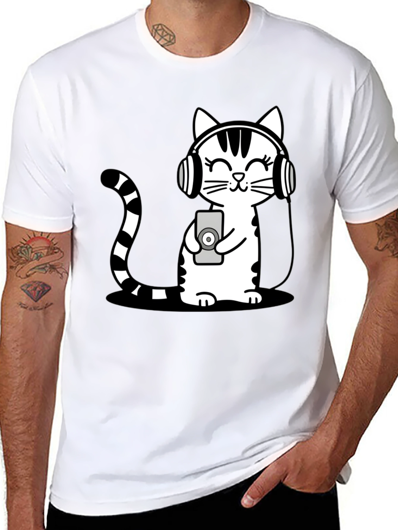 Black Cool Cat Headphones Graphic T-Shirt view 8