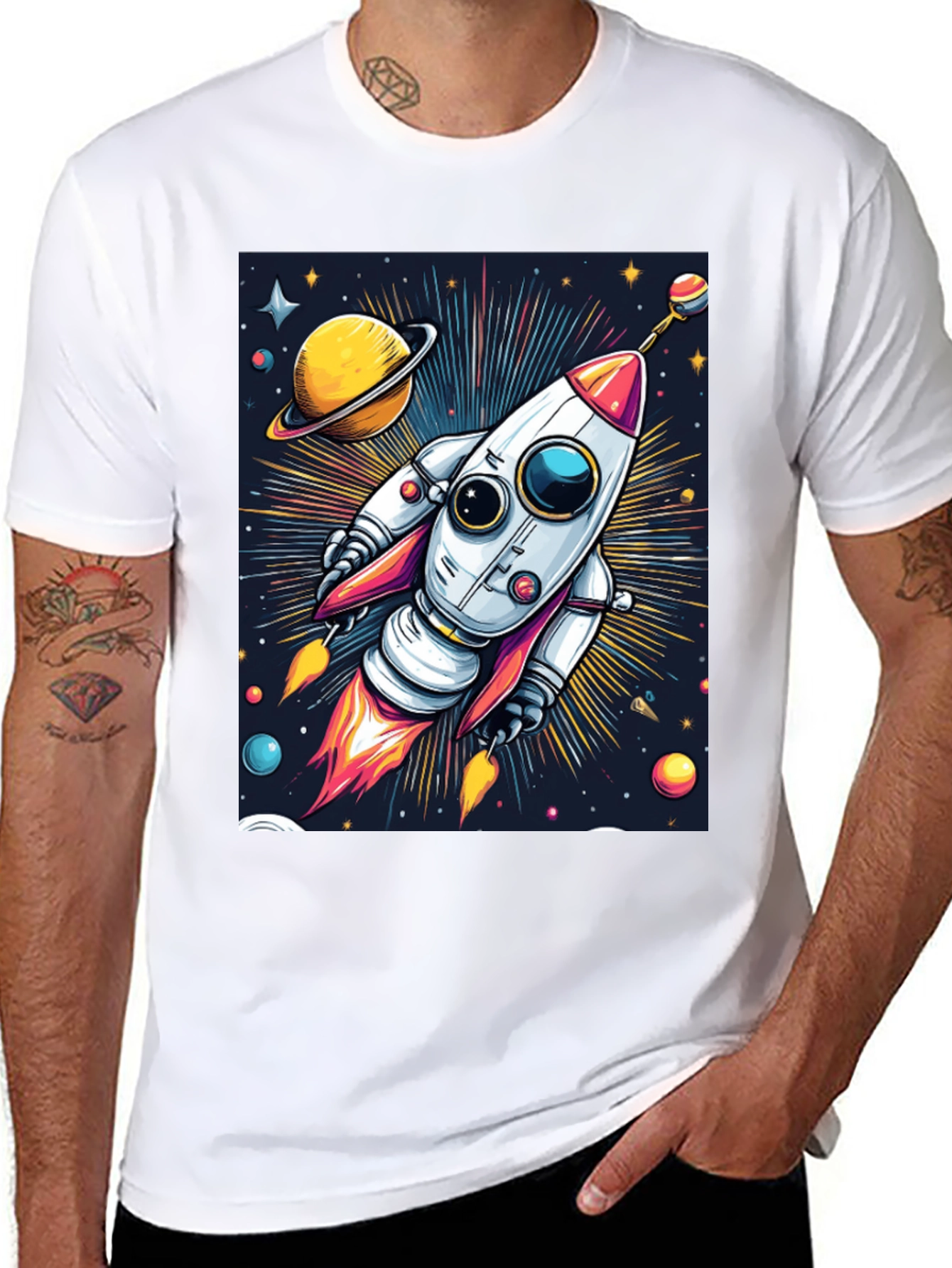 Black Space Rocket T-Shirt - Cosmic Graphic Tee view 8