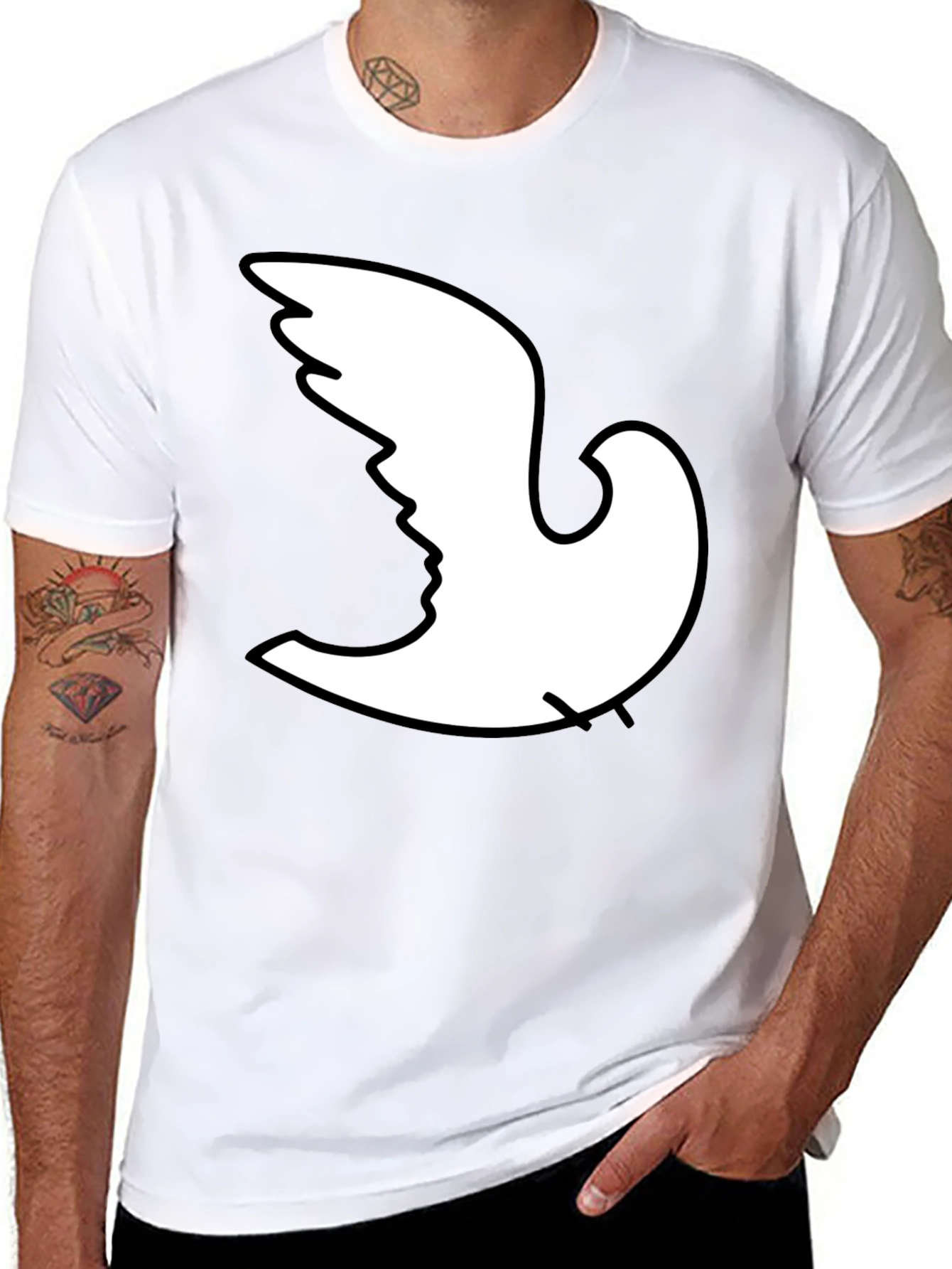 Black Optical Illusion Dove Face Graphic T-Shirt view 8