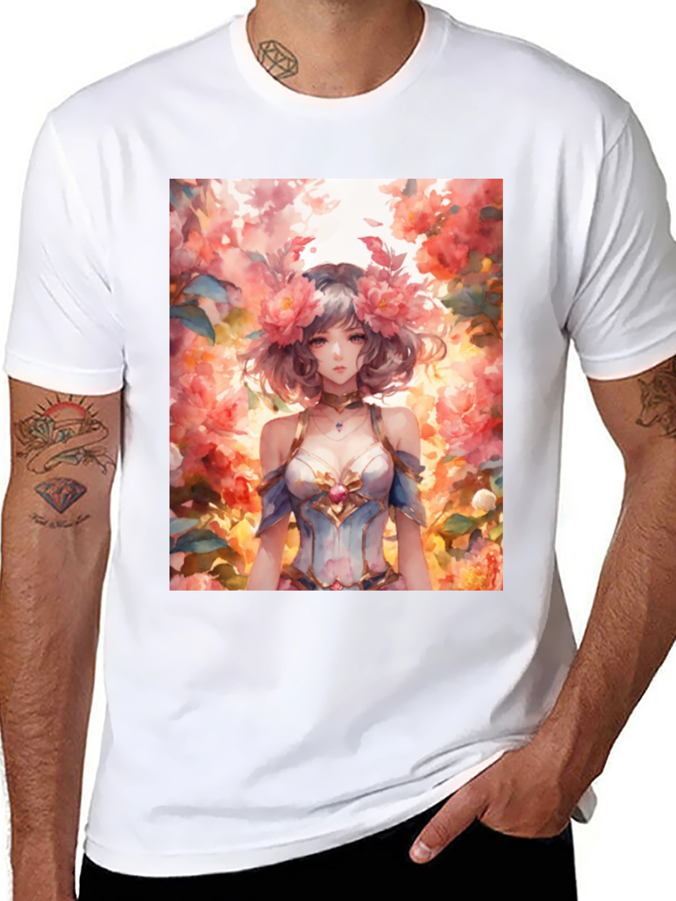 Black Floral Anime Girl Graphic Tee - Stylish & Unique view 8