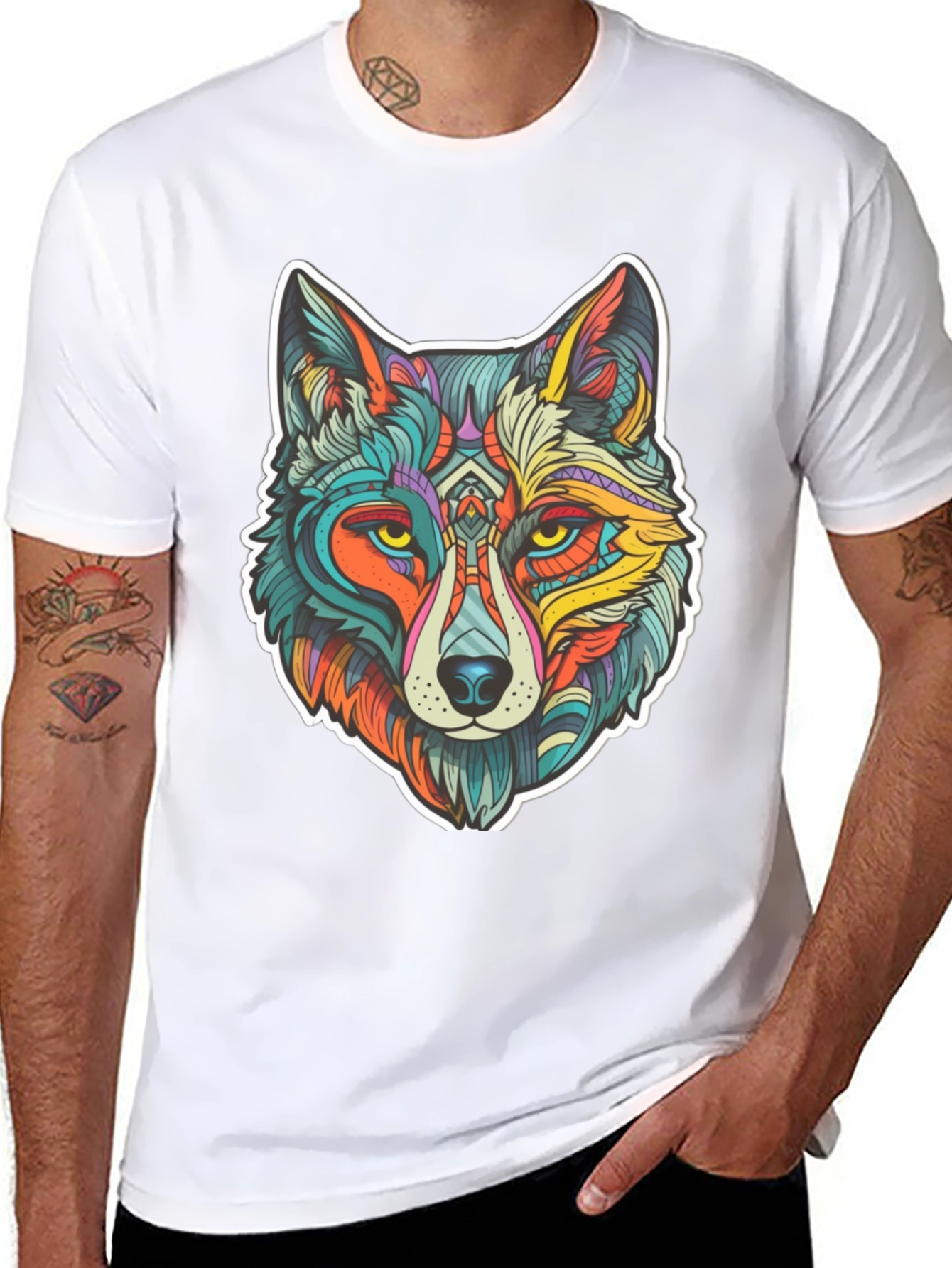 Black Wolf Art Graphic Print Black T-Shirt view 8