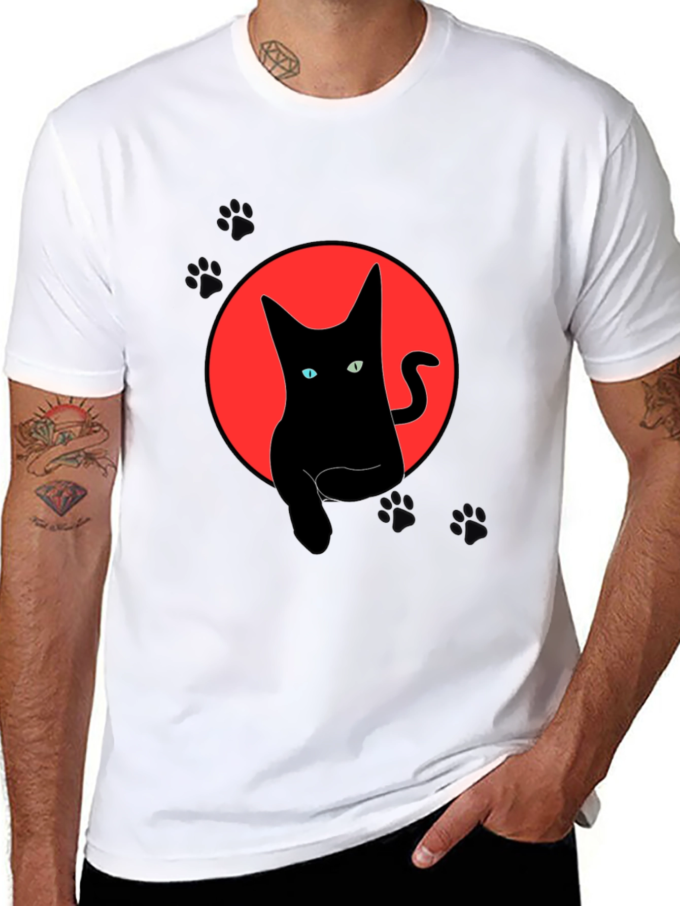 Black Black Cat Graphic Tee - Round Red Moon Design view 8