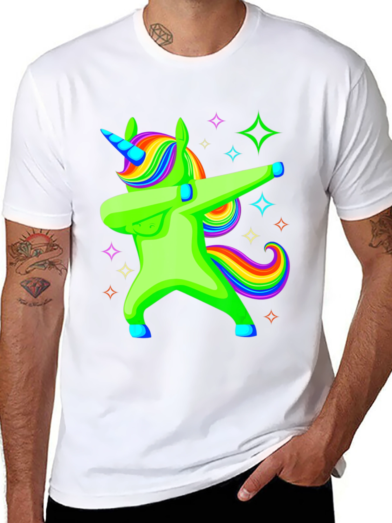 Black Dabbing Unicorn Graphic Tee - Rainbow Mane Black T-Shirt view 8