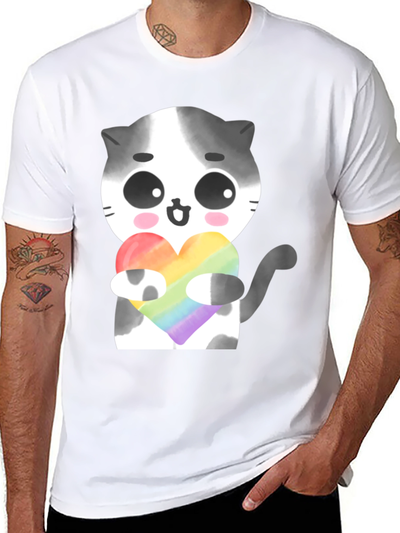 Black Cute Cat Holding Rainbow Heart T-Shirt view 8