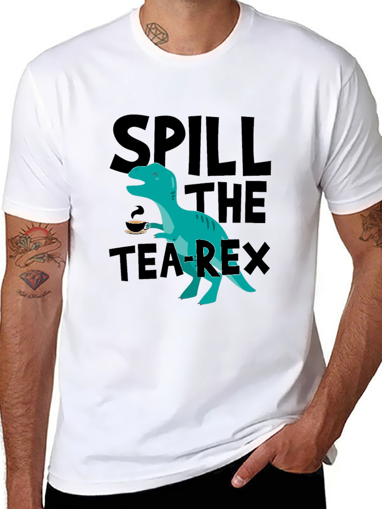 Black Spill the Tea-Rex T-Shirt - Funny Dinosaur Graphic Tee view 8