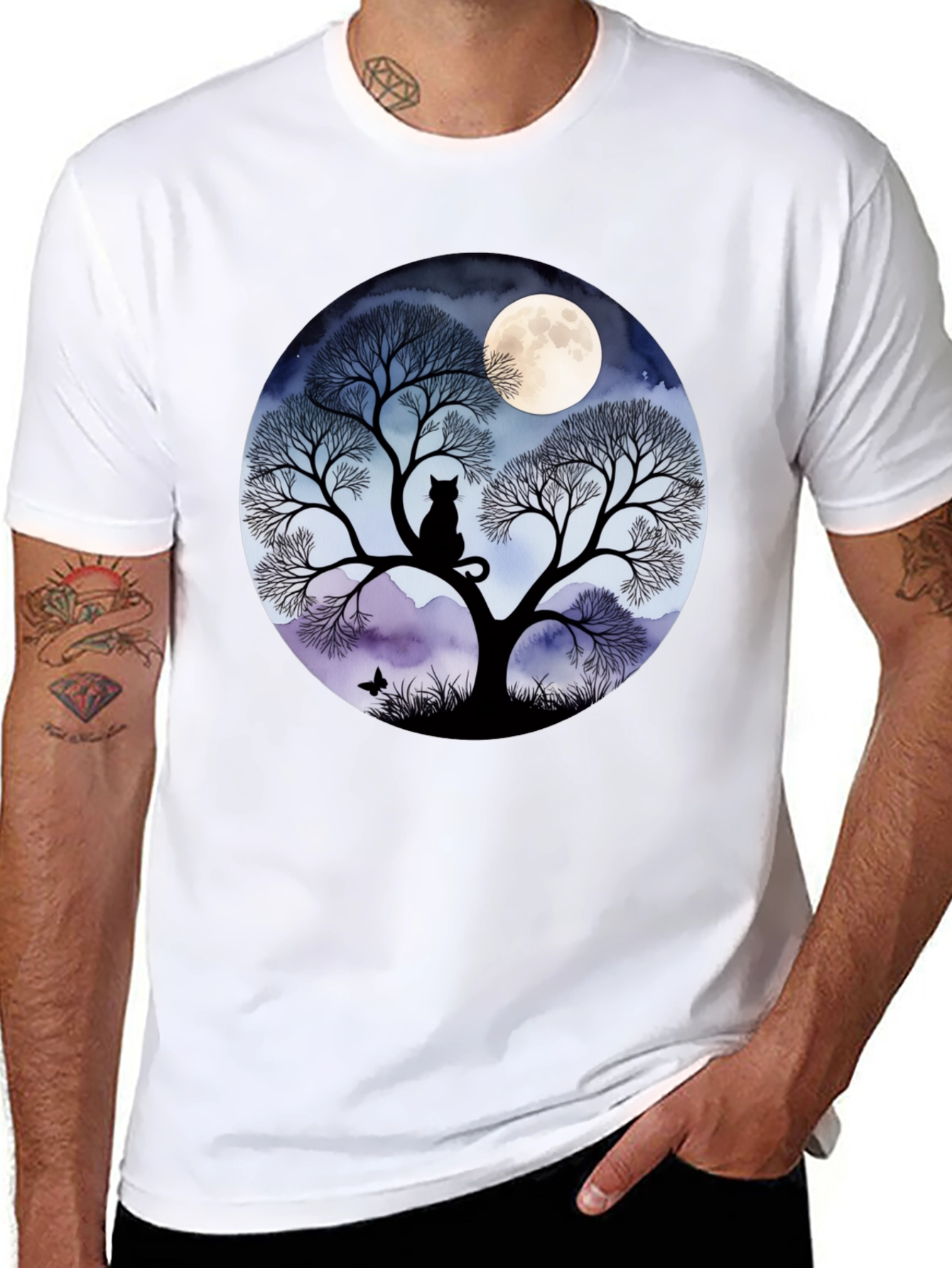 Black Moonlit Cat Tree Graphic Tee view 8