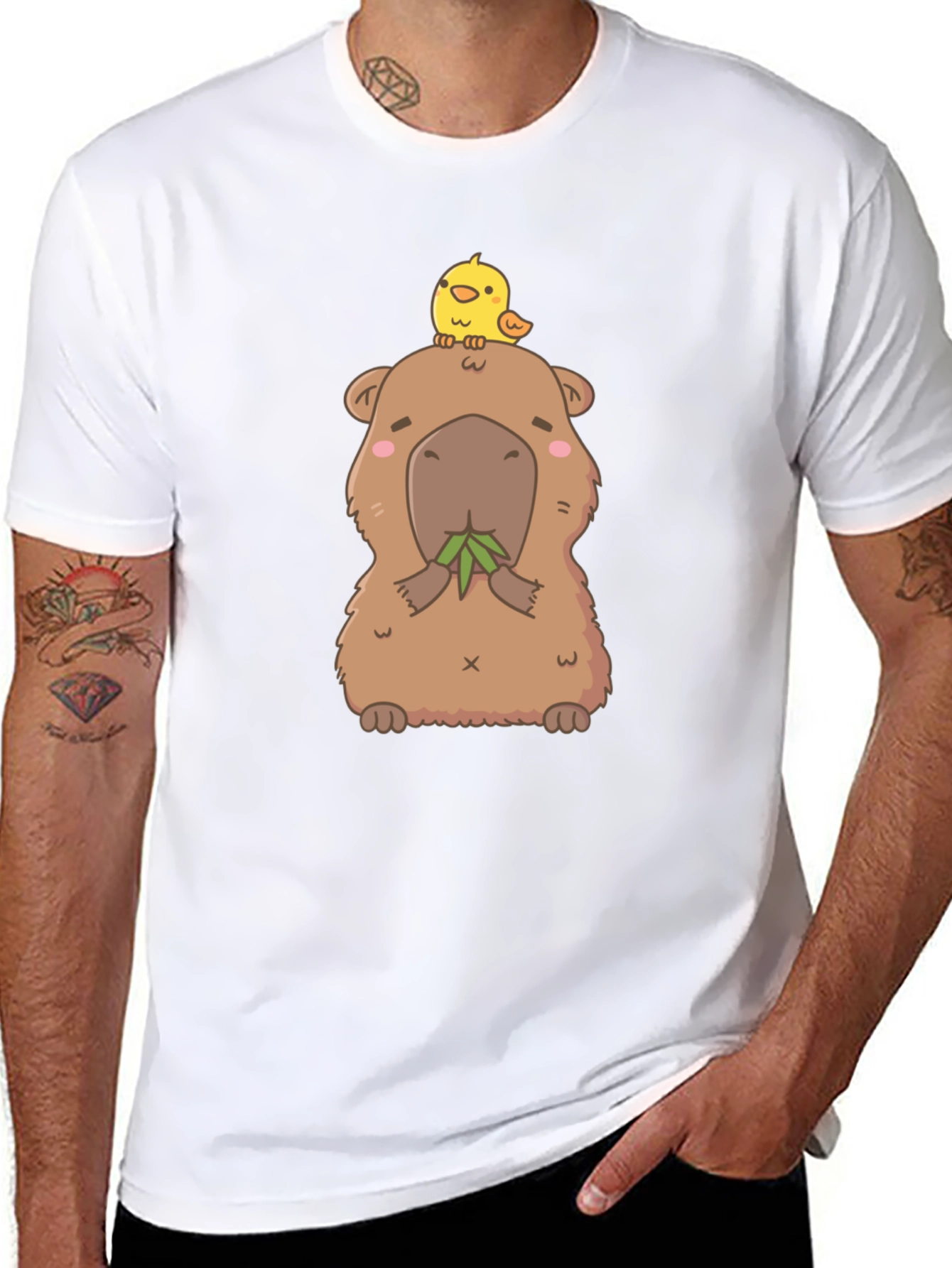 Black Cute Capybara & Chick T-Shirt - Unisex Cotton Tee view 8