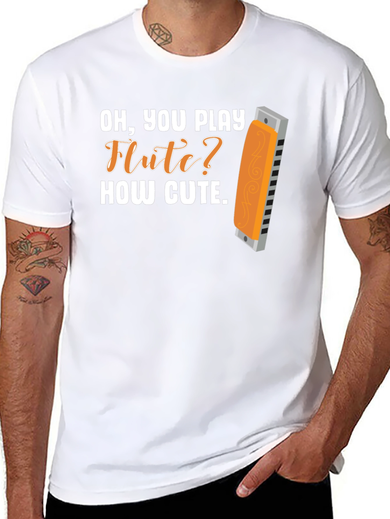 Black Funny Harmonica T-Shirt: Oh, You Play Flute? How Cute view 8