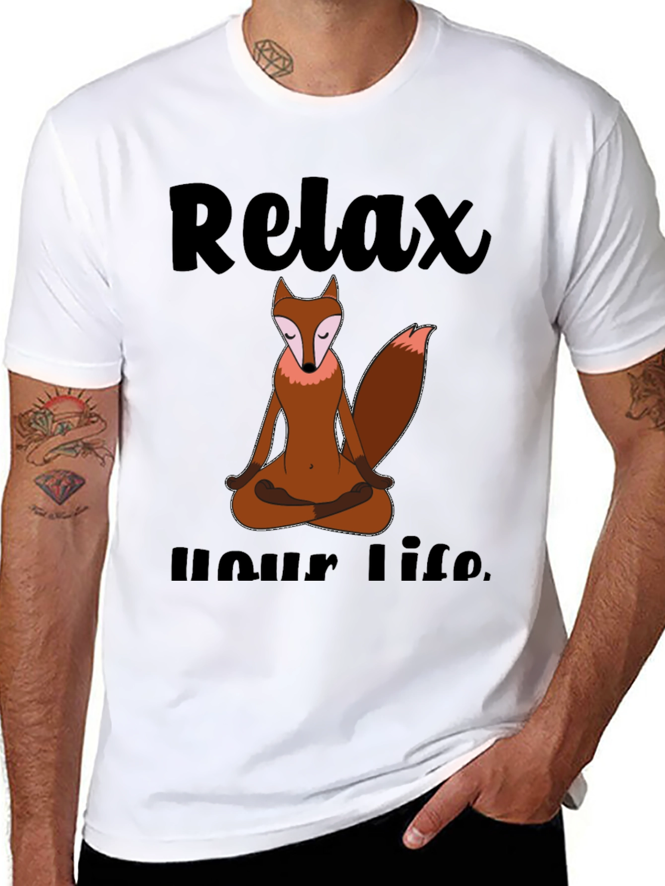 Black Relax Your Life Meditation Fox T-Shirt view 8