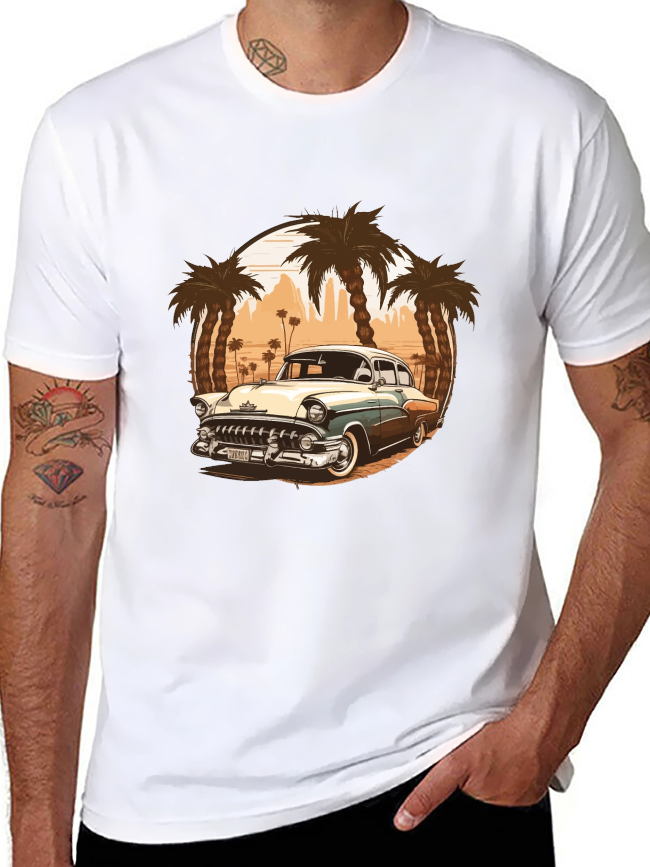 Black Vintage Car Graphic Tee - Palm Tree Design view 8