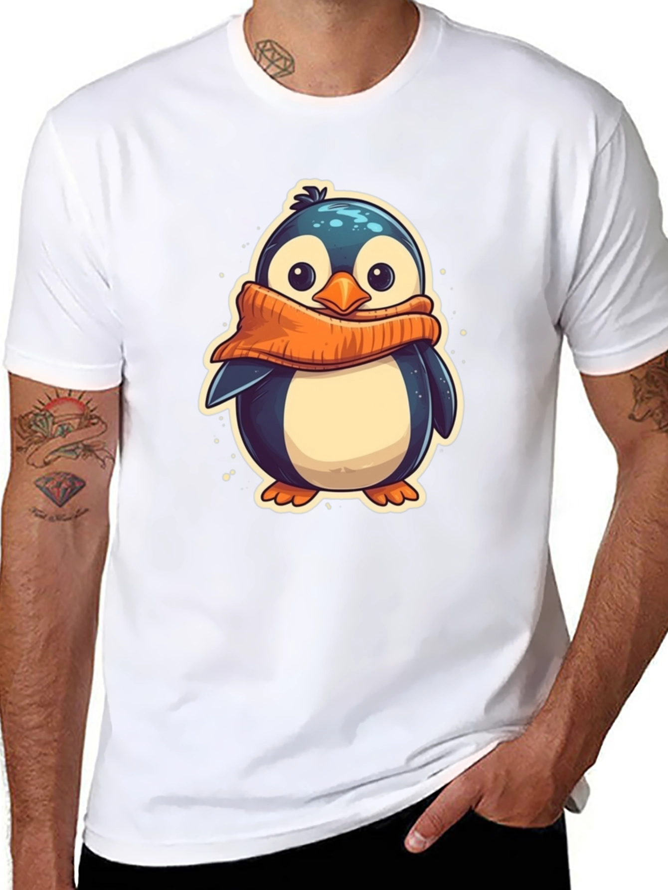 Black Cute Penguin Scarf Graphic Tee - Black Cotton T-Shirt view 8