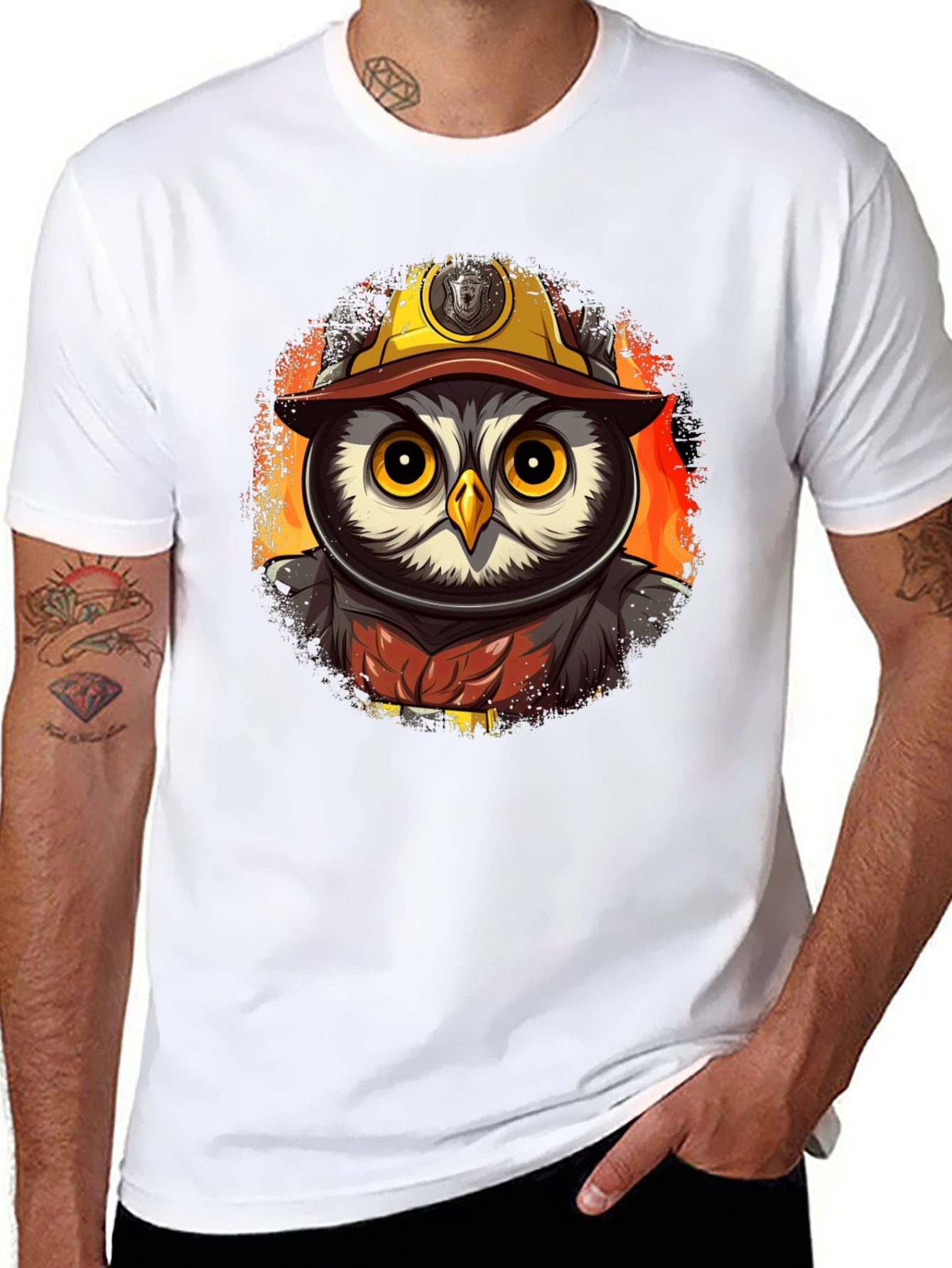 Black Owl Firefighter T-Shirt - Cartoon Design view 8