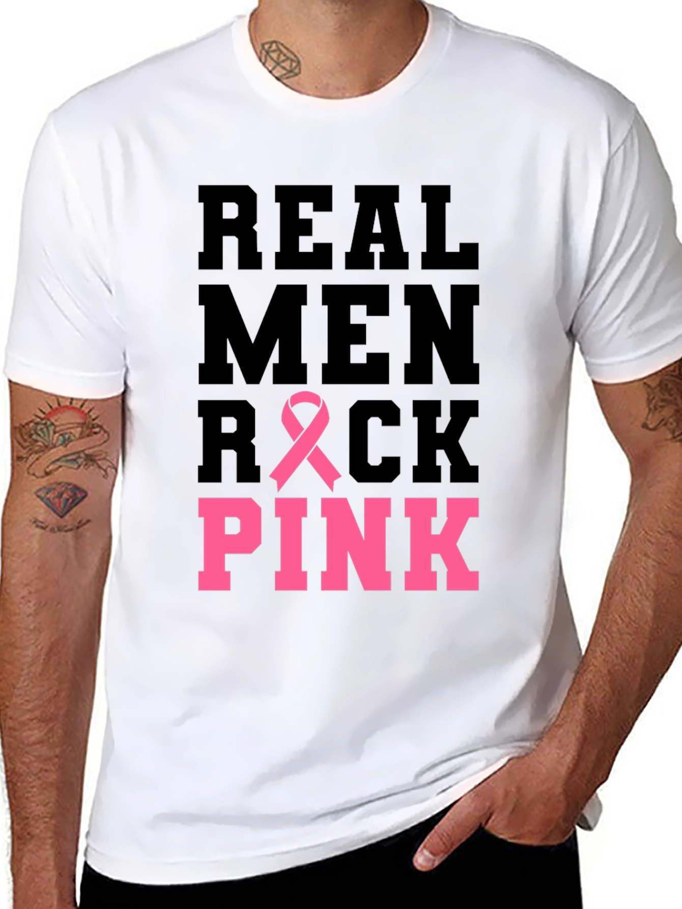Black Real Men Rock Pink Breast Cancer Awareness T-Shirt view 8