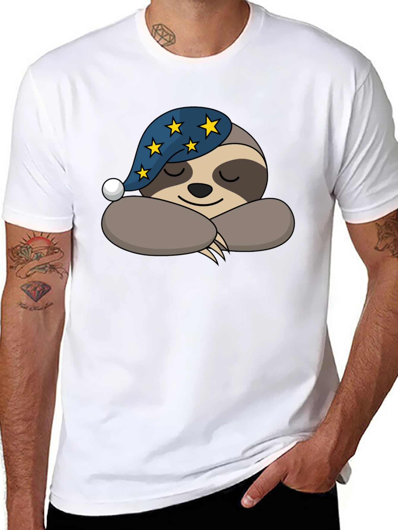 Black Sleeping Sloth T-Shirt - Starry Nightcap Cute Animal Tee view 8