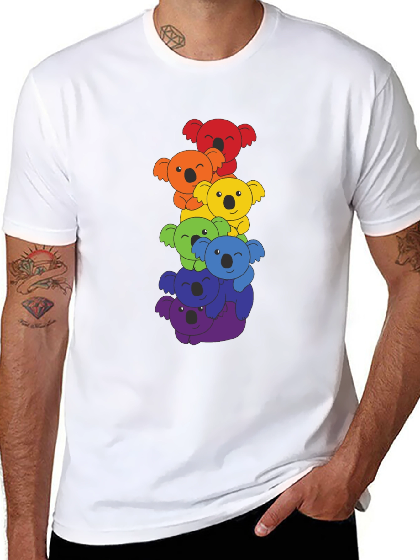 Black Rainbow Koala Stack Graphic Tee - Black Cotton Shirt view 8