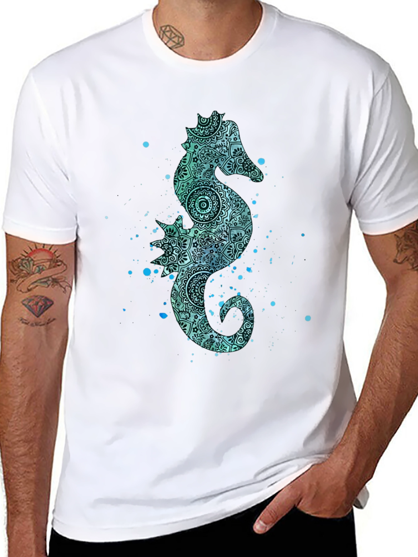Black Seahorse Graphic Tee - Men's Black Cotton T-Shirt view 8