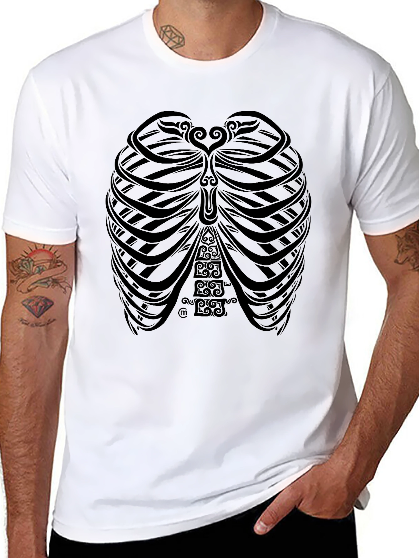 Black Tribal Rib Cage Print Black T-Shirt view 8