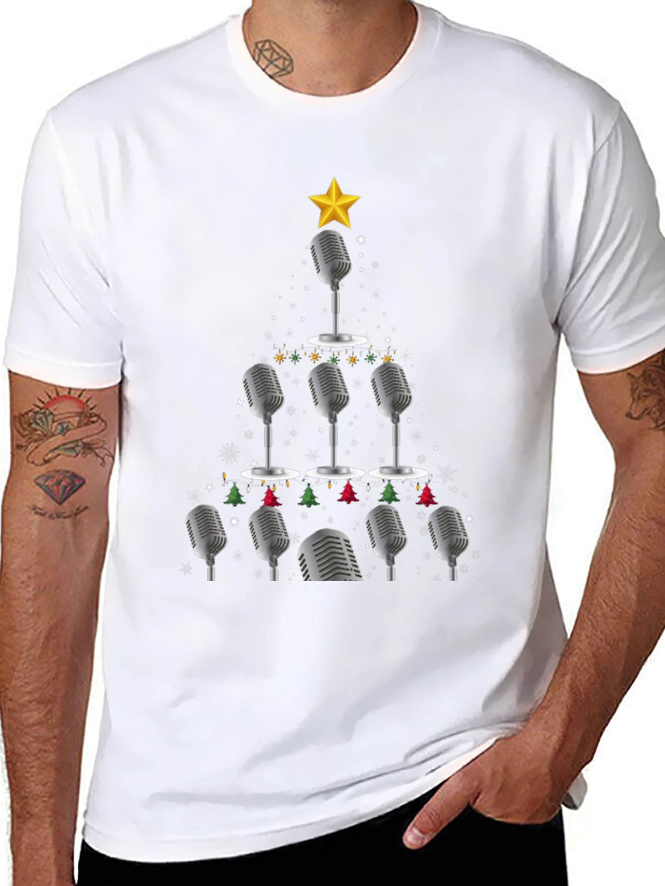 Black Microphone Christmas Tree Graphic Tee view 8