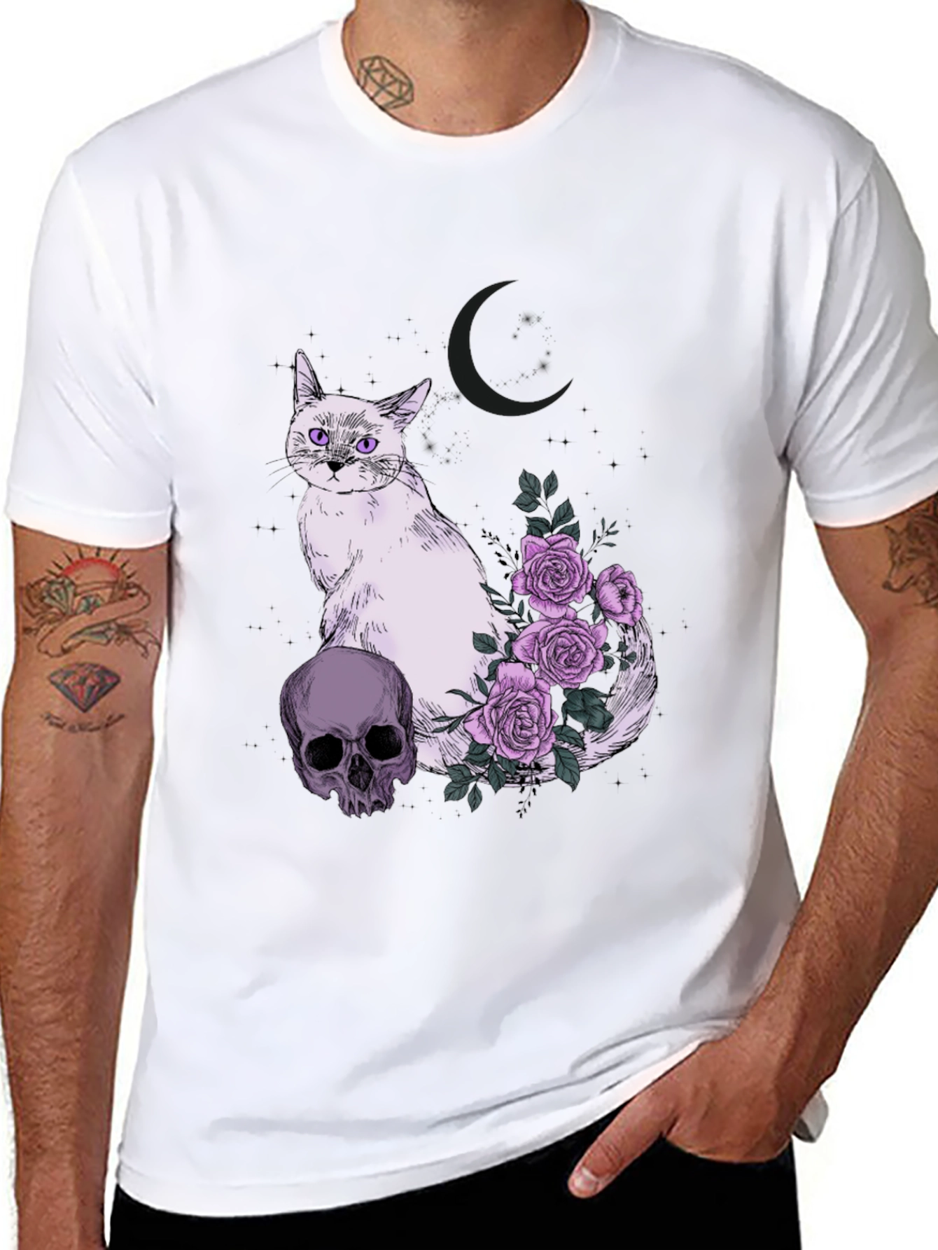 Black Gothic Cat Skull & Roses T-Shirt view 8