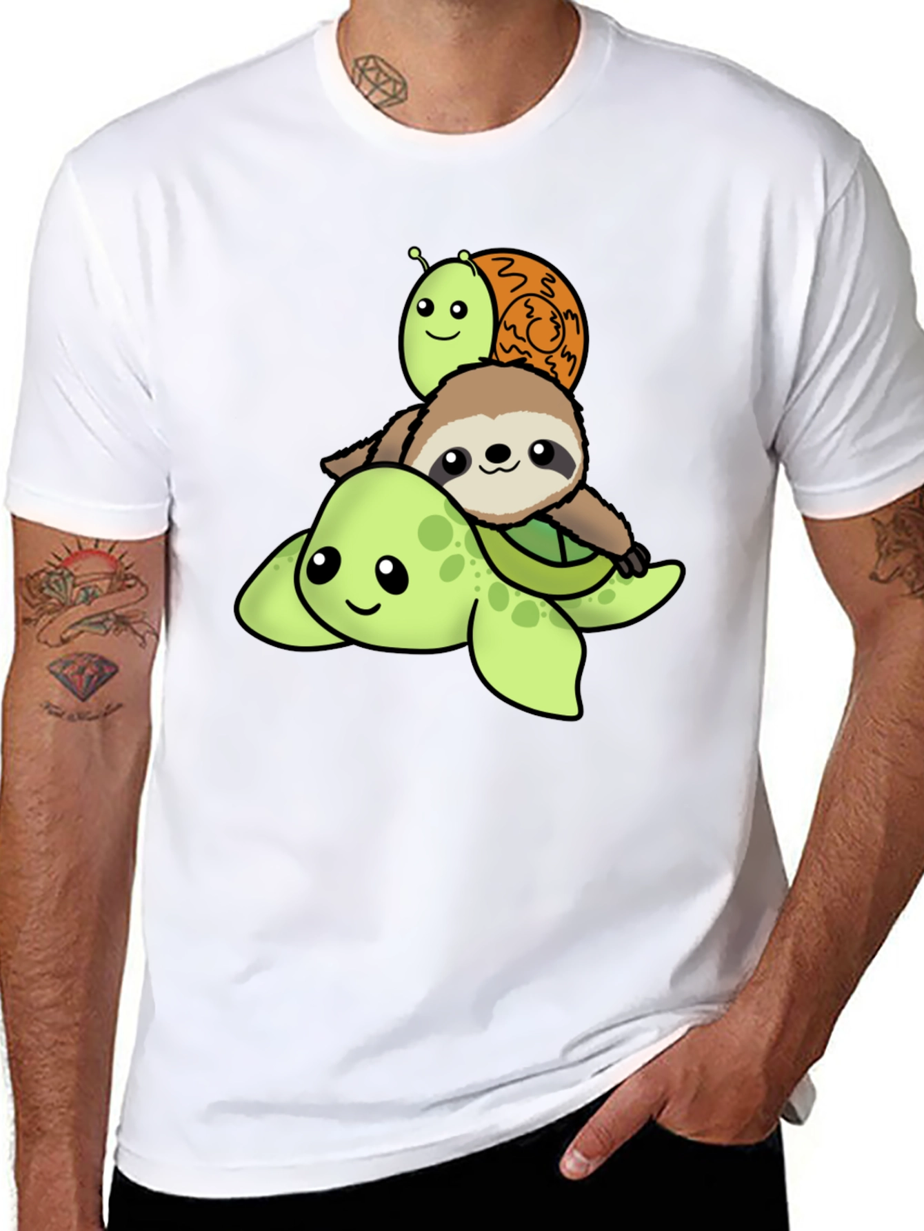 Black Turtle, Sloth, Snail Cartoon Stack T-Shirt view 8