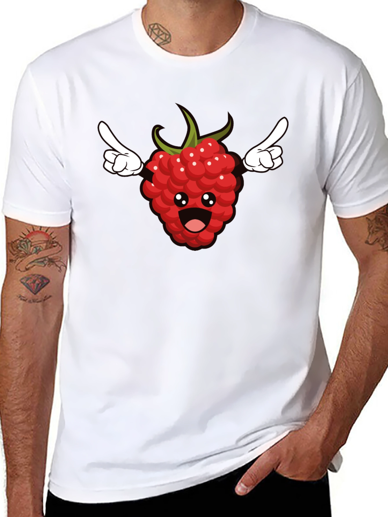 Black Funny Raspberry Cartoon Graphic T-Shirt - Black view 8