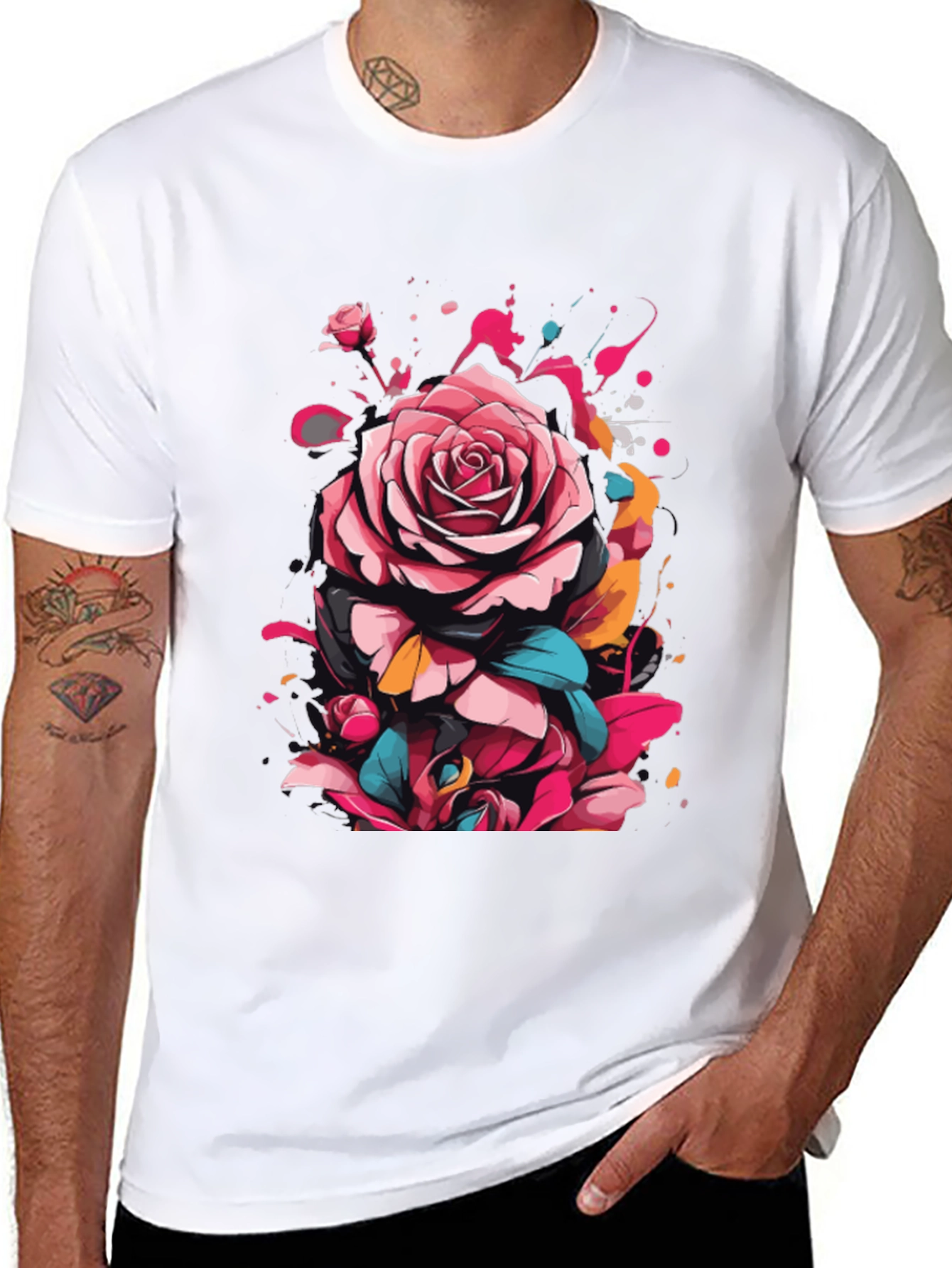 Black Floral Rose Graphic Tee - Abstract Art Shirt view 8