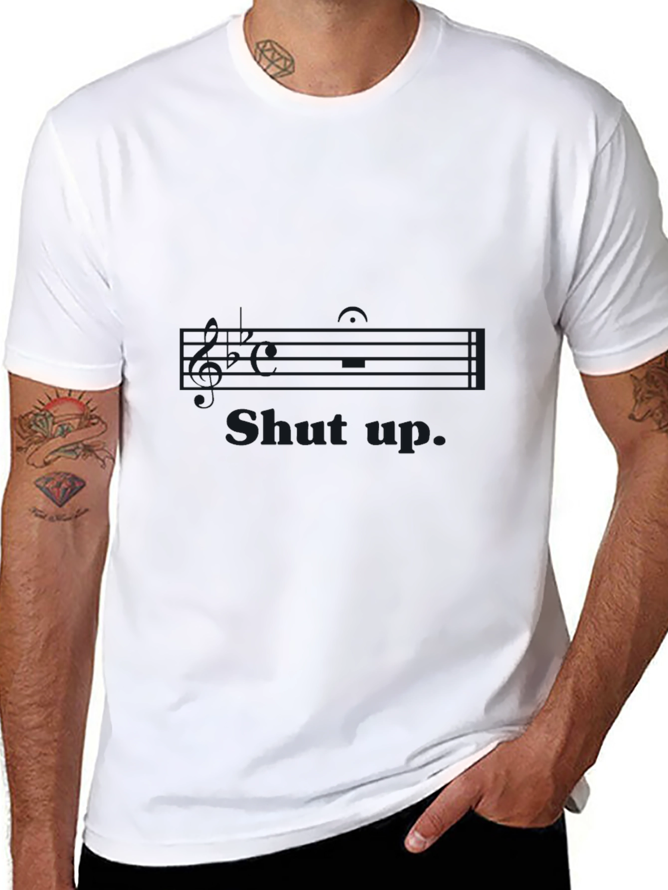 Black Black Graphic Tee - 'Shut Up' Music Note Design view 8