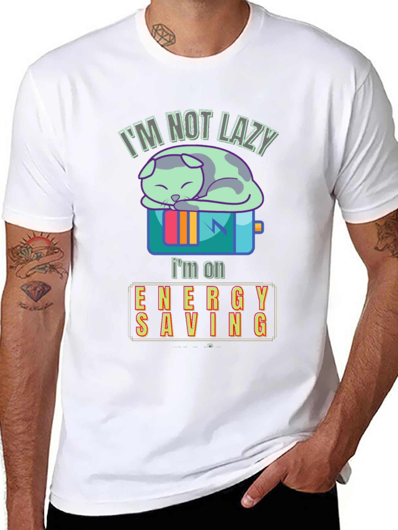 Black I'm Not Lazy, I'm on Energy Saving Funny Cat T-Shirt view 8