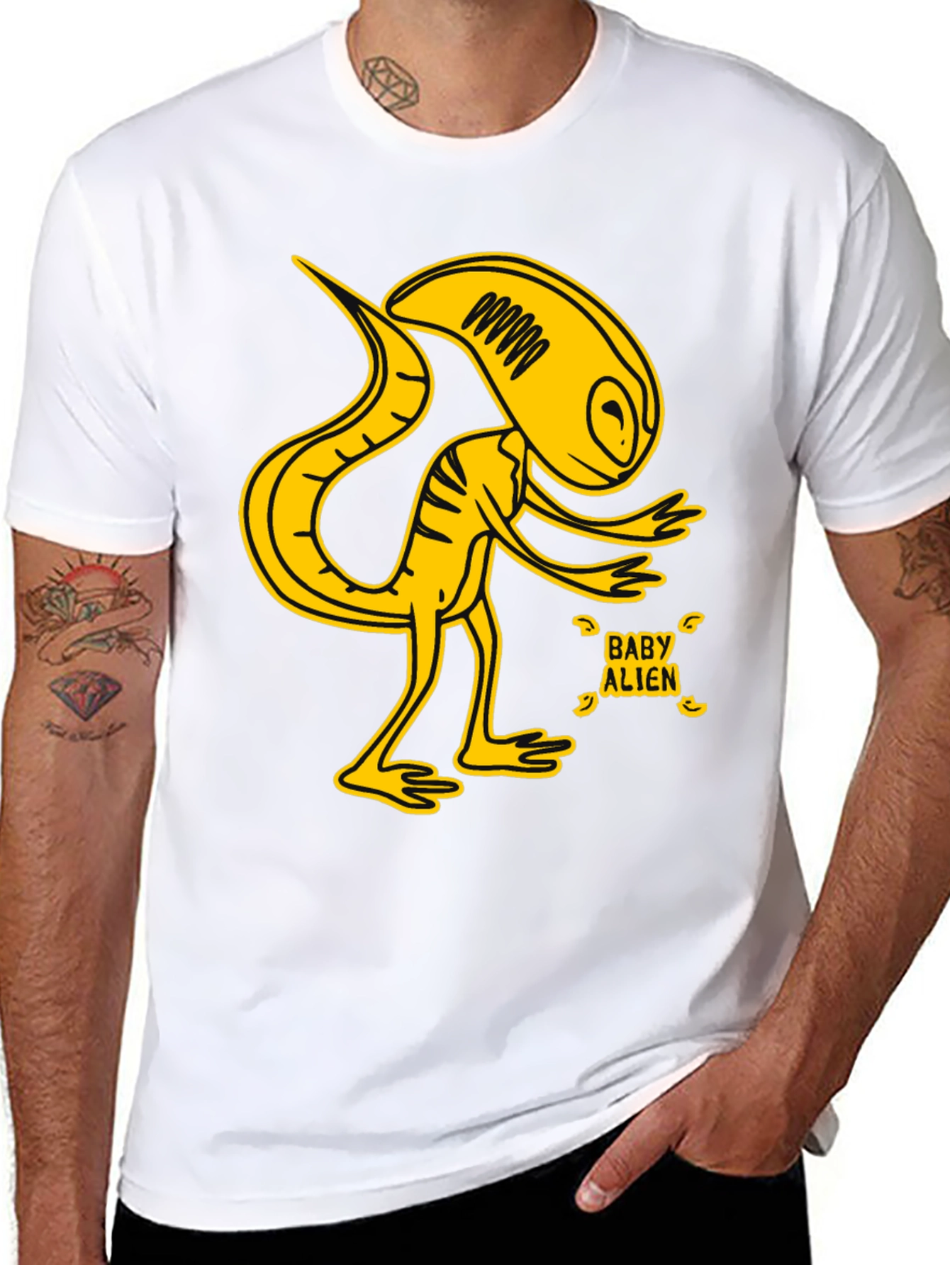 Black Baby Alien Graphic T-Shirt - Yellow Design view 8