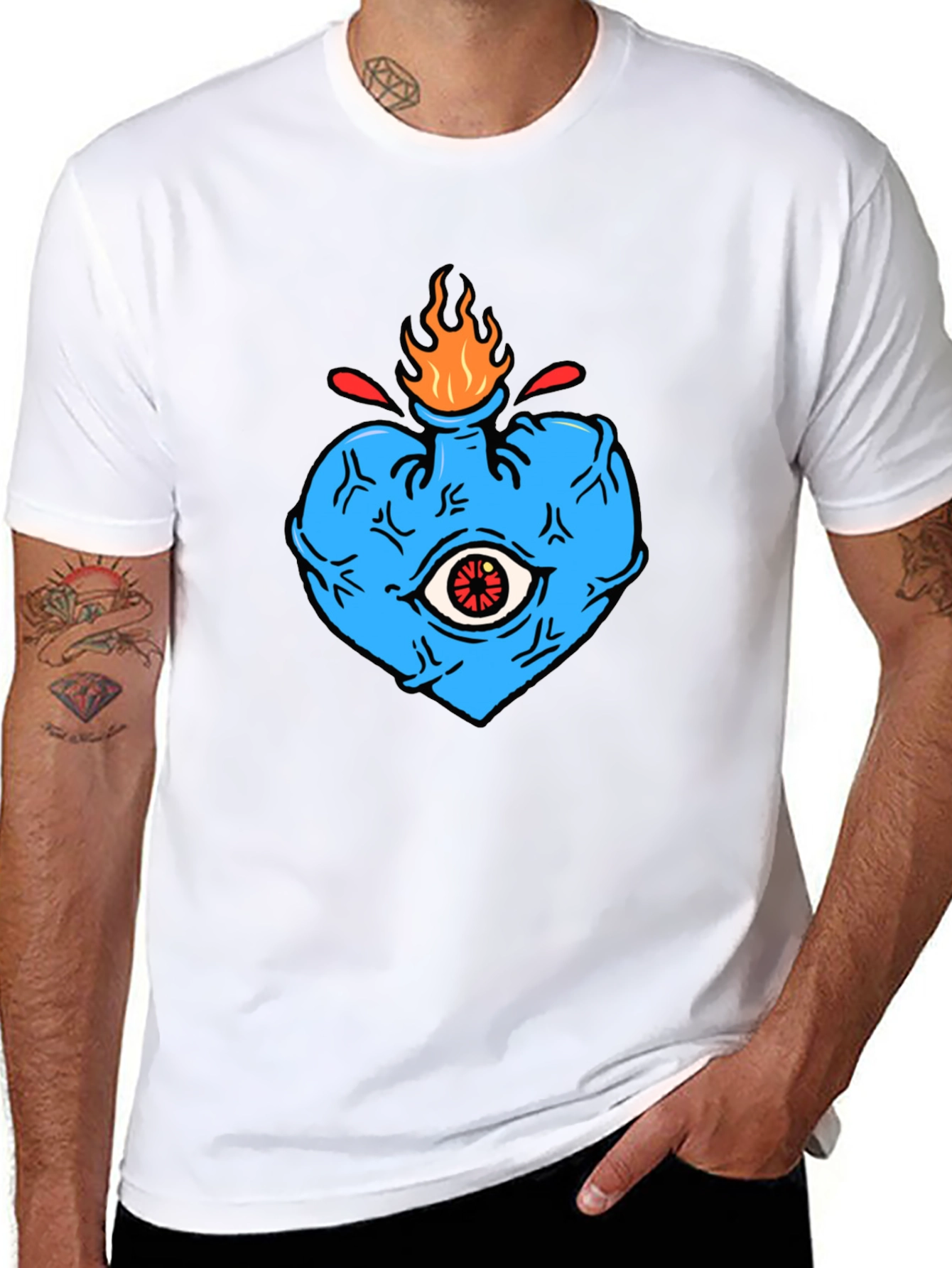 Black Men's Graphic Tee - Burning Heart Eye Design view 8