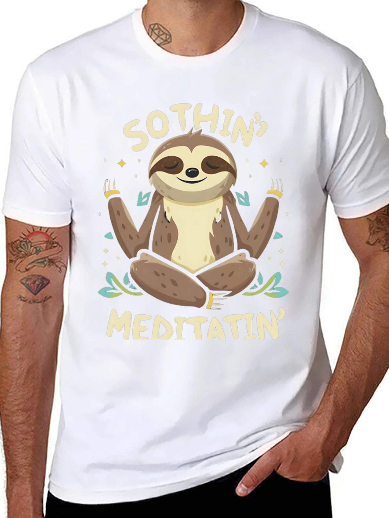 Black Men's "Sothin' Meditatin'" Sloth Graphic T-Shirt view 8