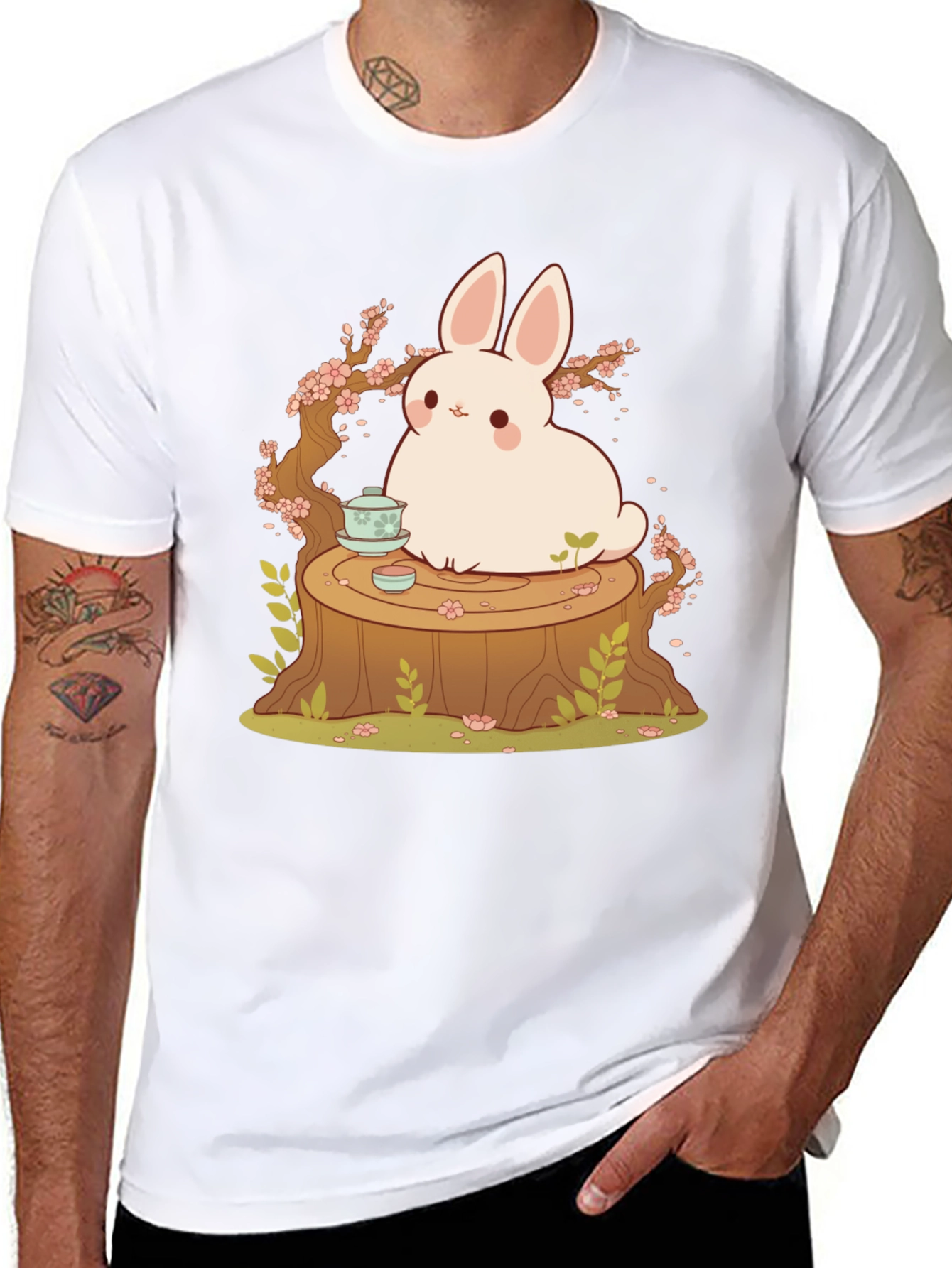 Black Cute Bunny and Tea Tree Stump Black T-Shirt view 8
