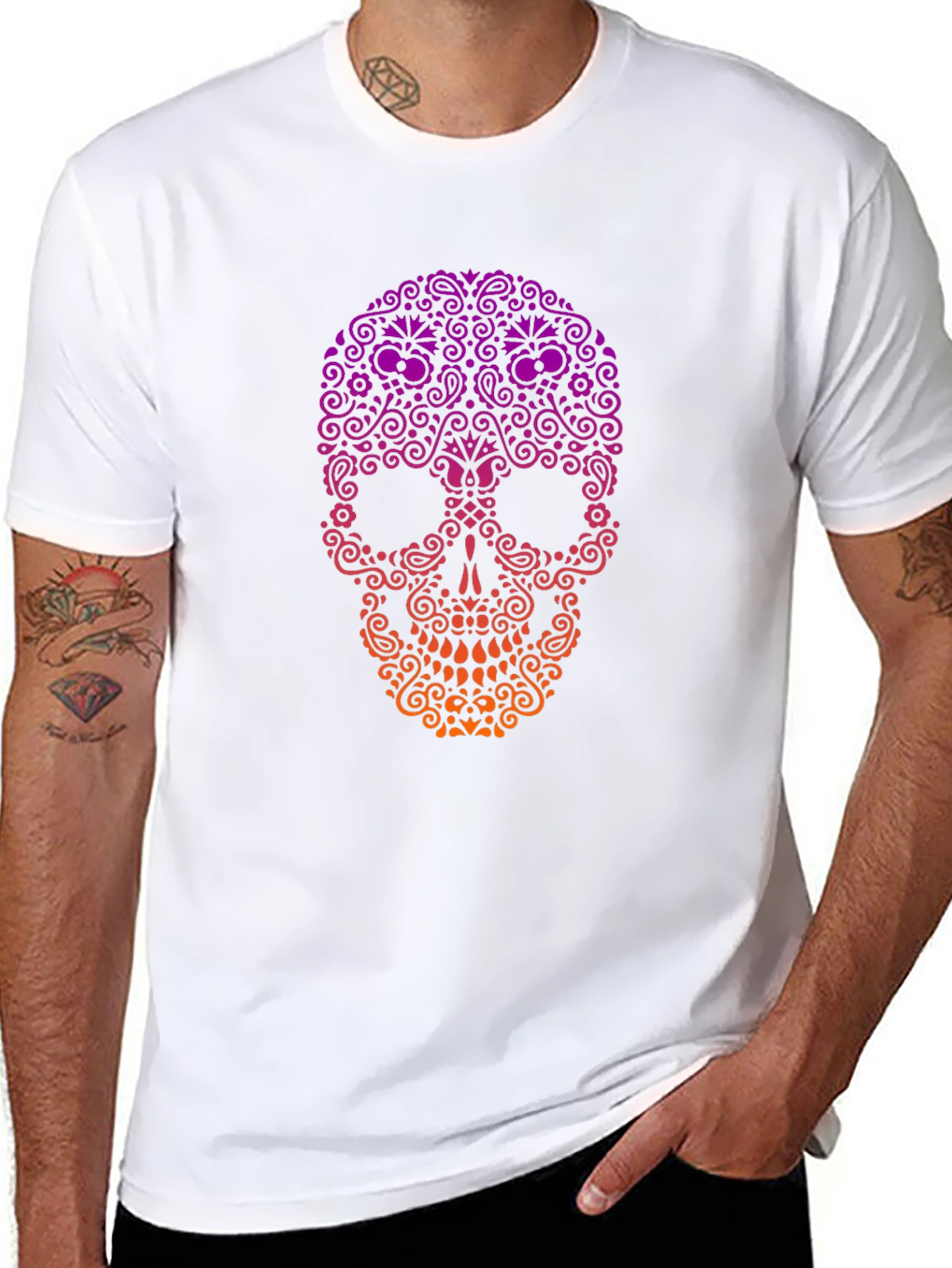 Black Ornamental Skull Graphic Tee - Black Cotton T-Shirt view 8