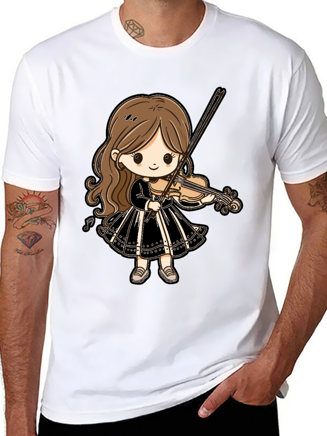 Black Cute Violin Girl Graphic Tee - Black Cotton T-Shirt view 8
