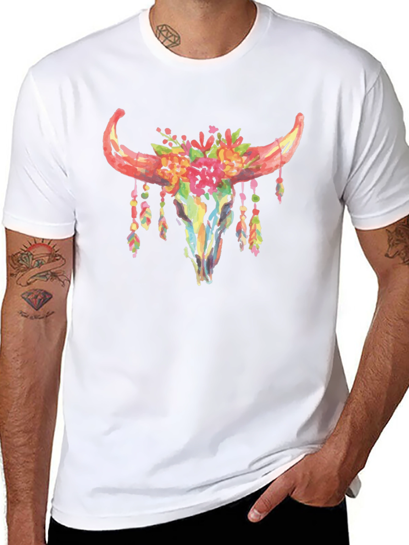 Black Floral Bull Skull Graphic T-Shirt view 8