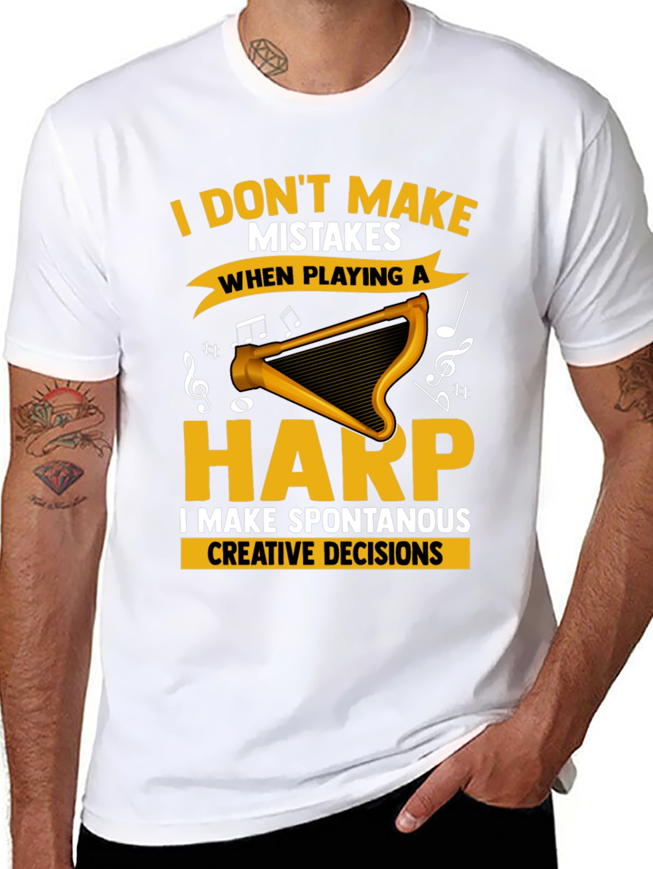Black Funny Harp Player T-Shirt - No Mistakes, Creative Decisions view 8