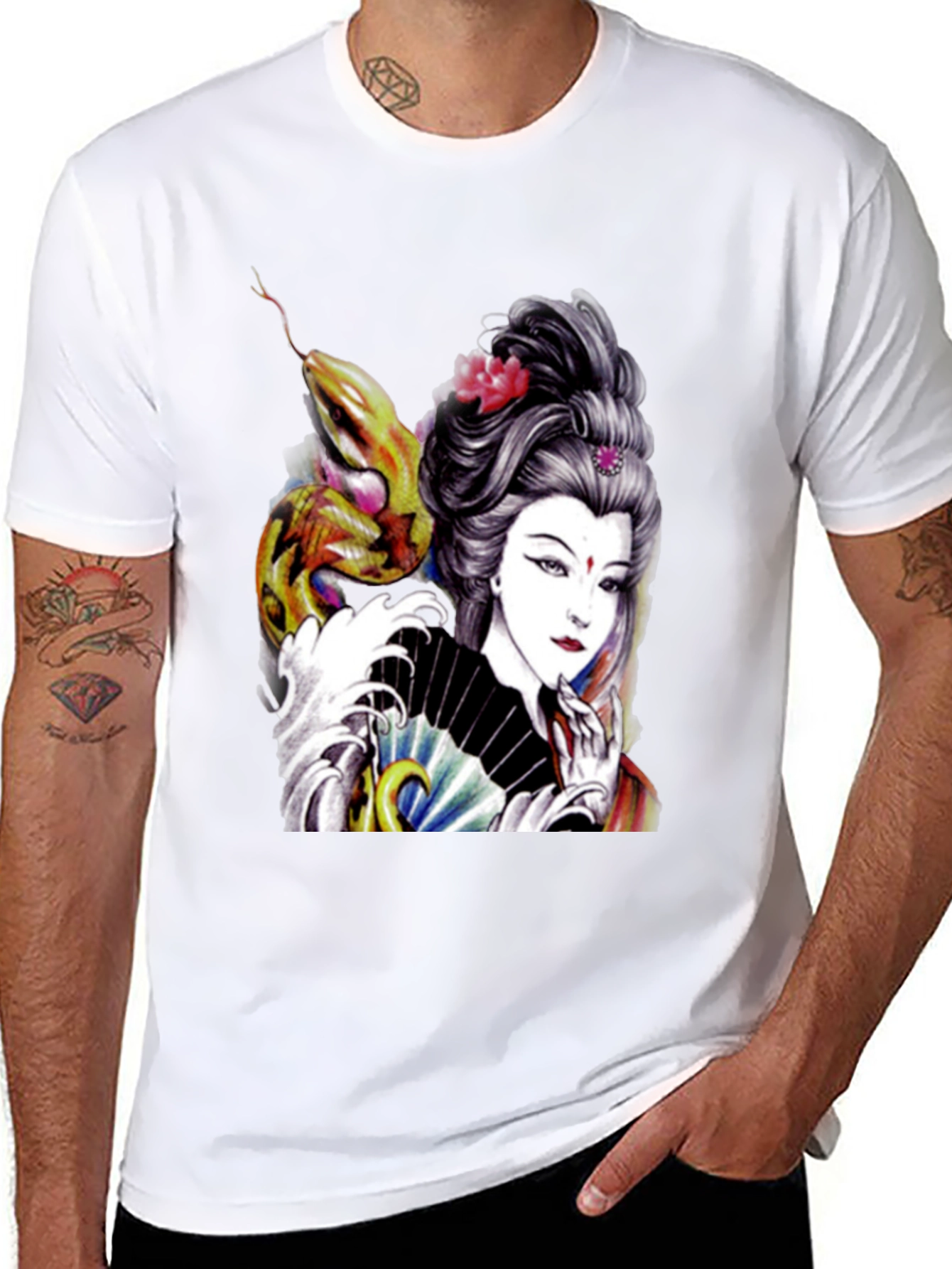 Black Geisha Snake Graphic Print Black T-Shirt view 8