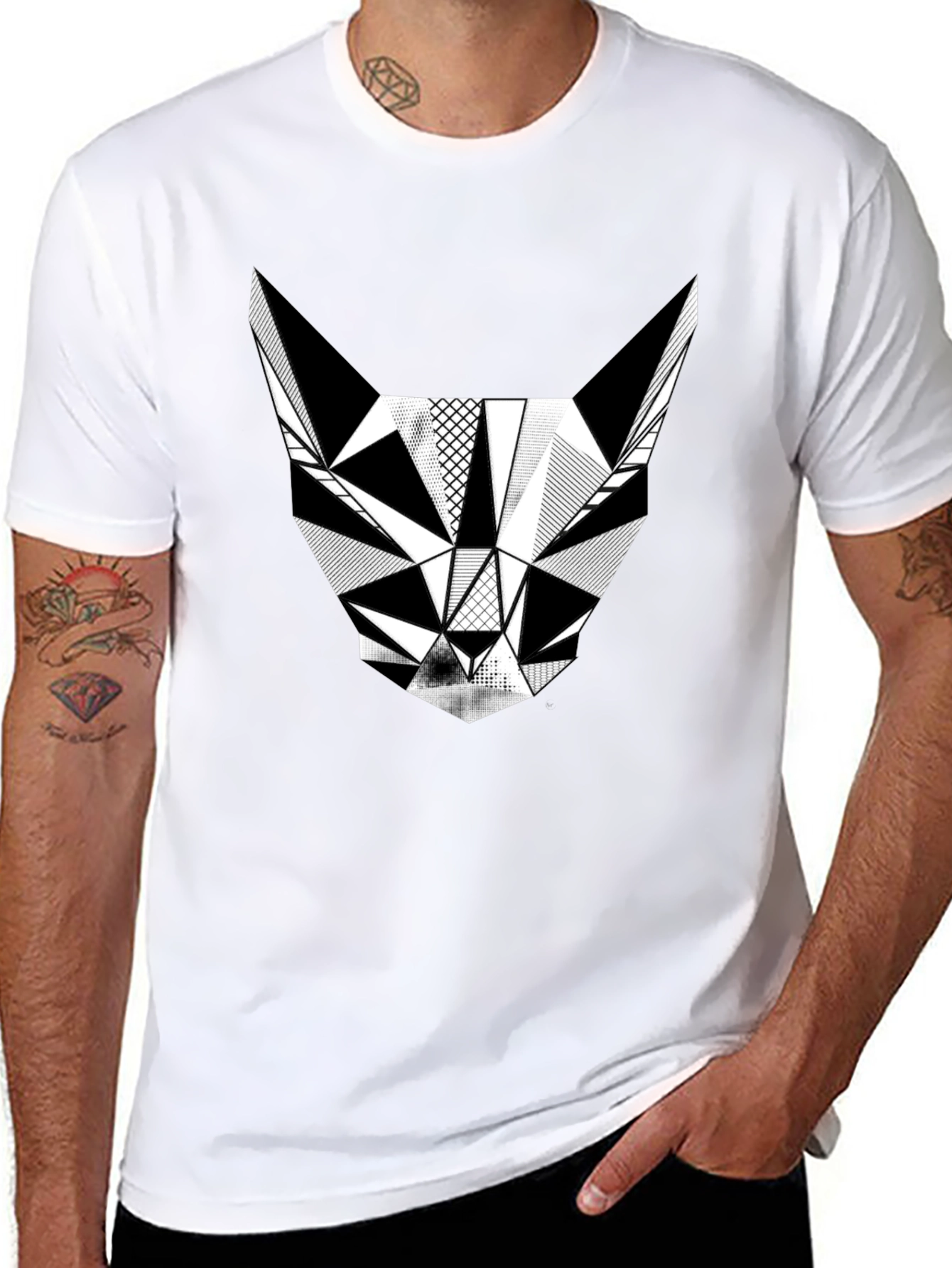 Black Geometric Cat T-Shirt - Modern Graphic Tee view 8