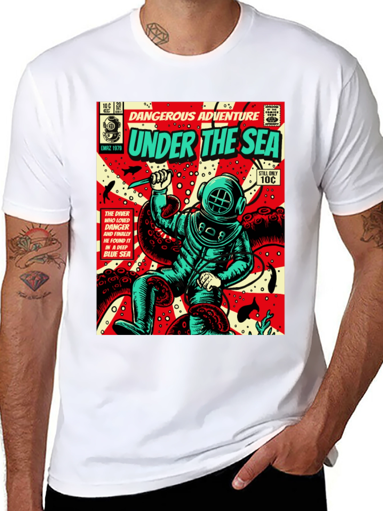 Black Under the Sea Comic Diver T-Shirt view 8