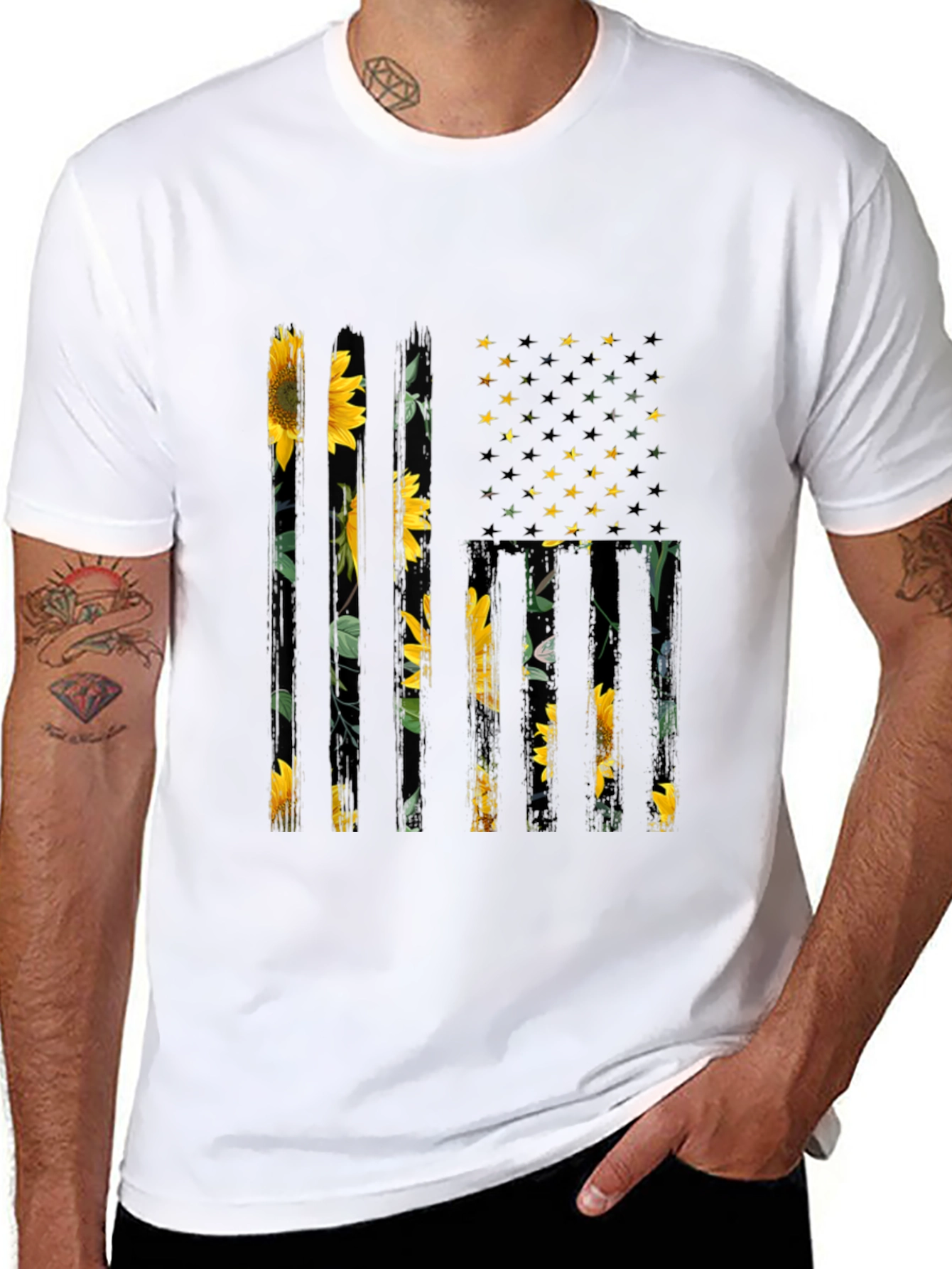 Black Sunflower American Flag Graphic Tee view 8