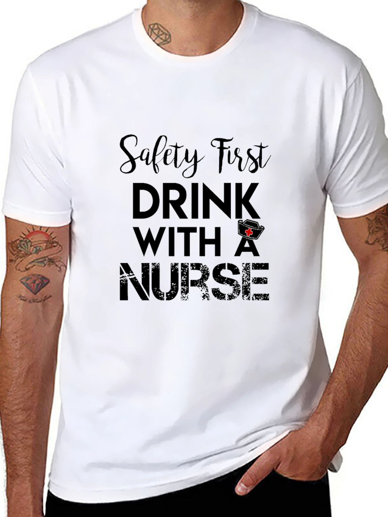 Black Safety First Drink With A Nurse Black Tee view 8