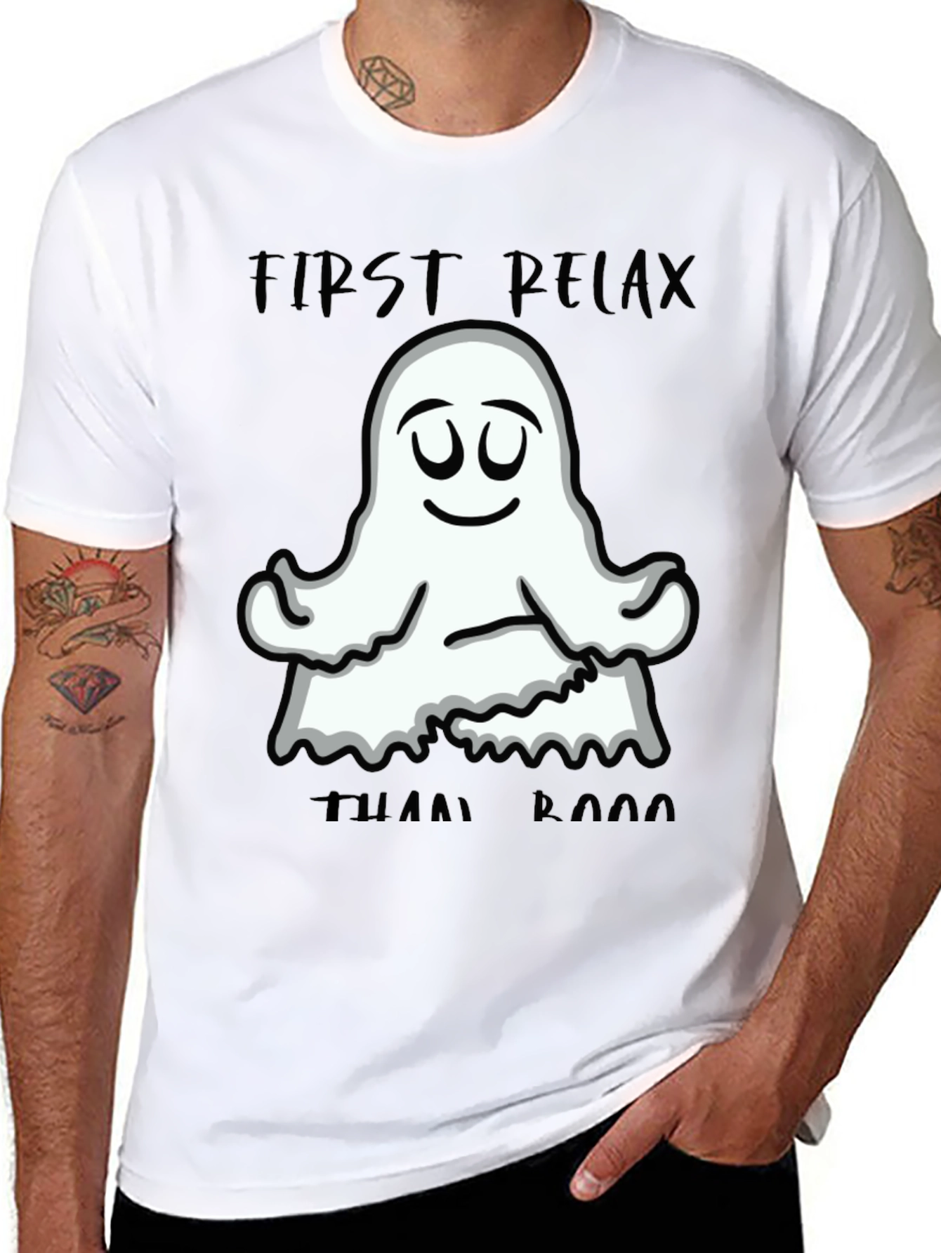 Black Relax Ghost Graphic T-Shirt - Halloween Yoga Tee view 8