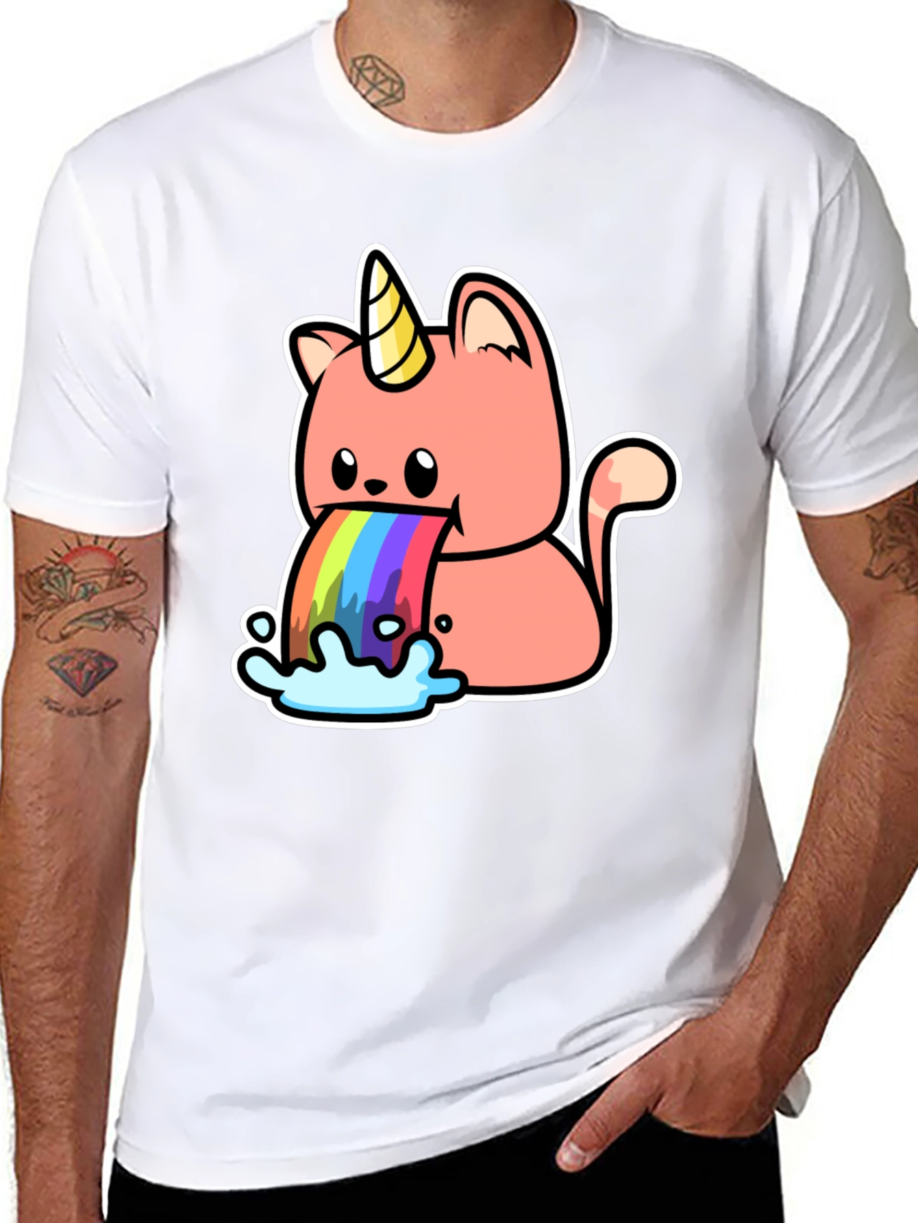 Black Unicorn Cat Rainbow Puke T-Shirt view 8