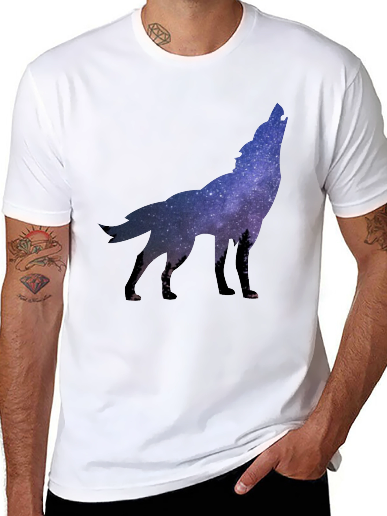 Black Galaxy Wolf Graphic Tee - Black Crew Neck T-Shirt view 8